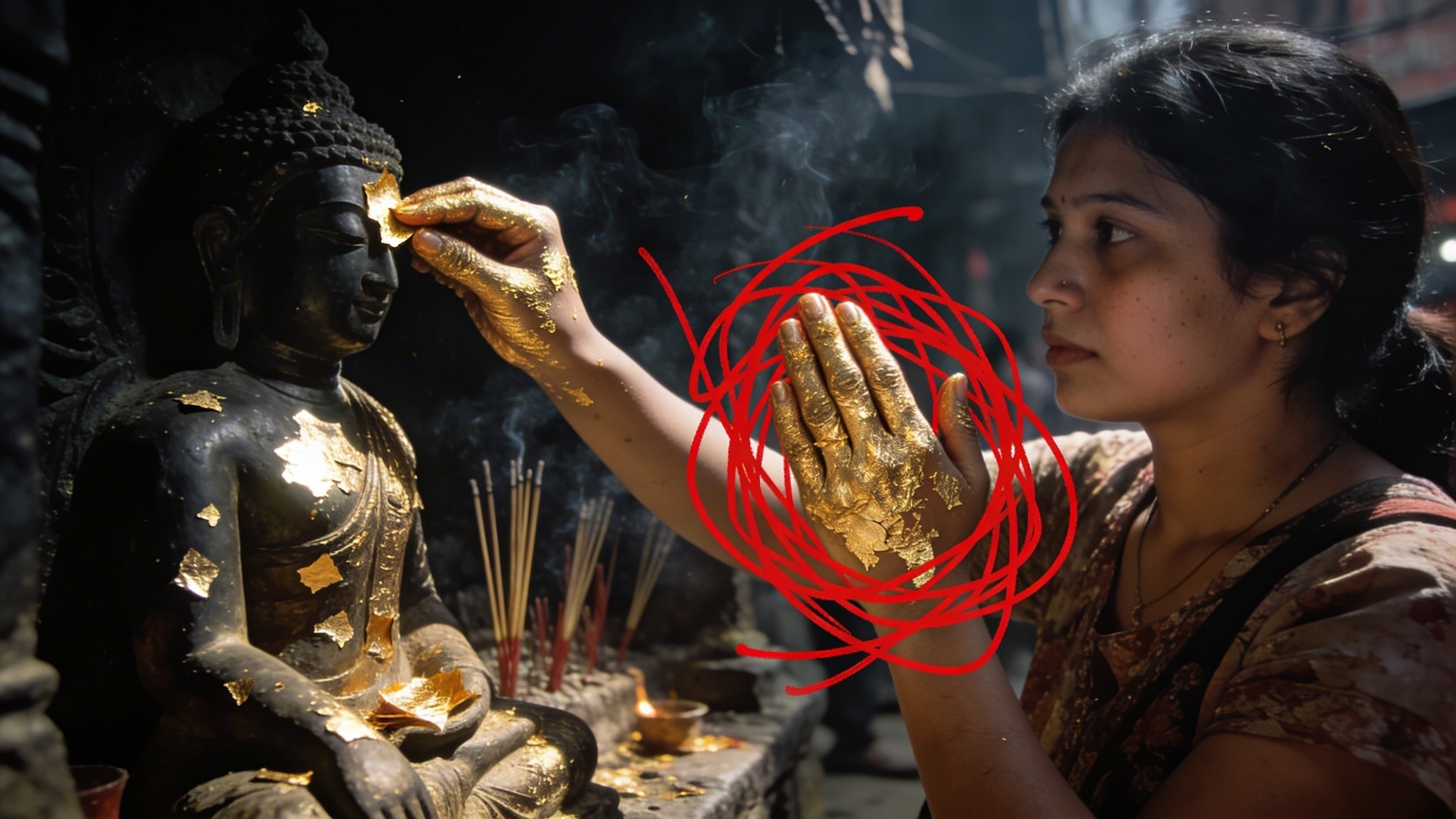 Woman applying gold leaf to statue in dark, incense-filled street shrine with red sharpie scribble overlay