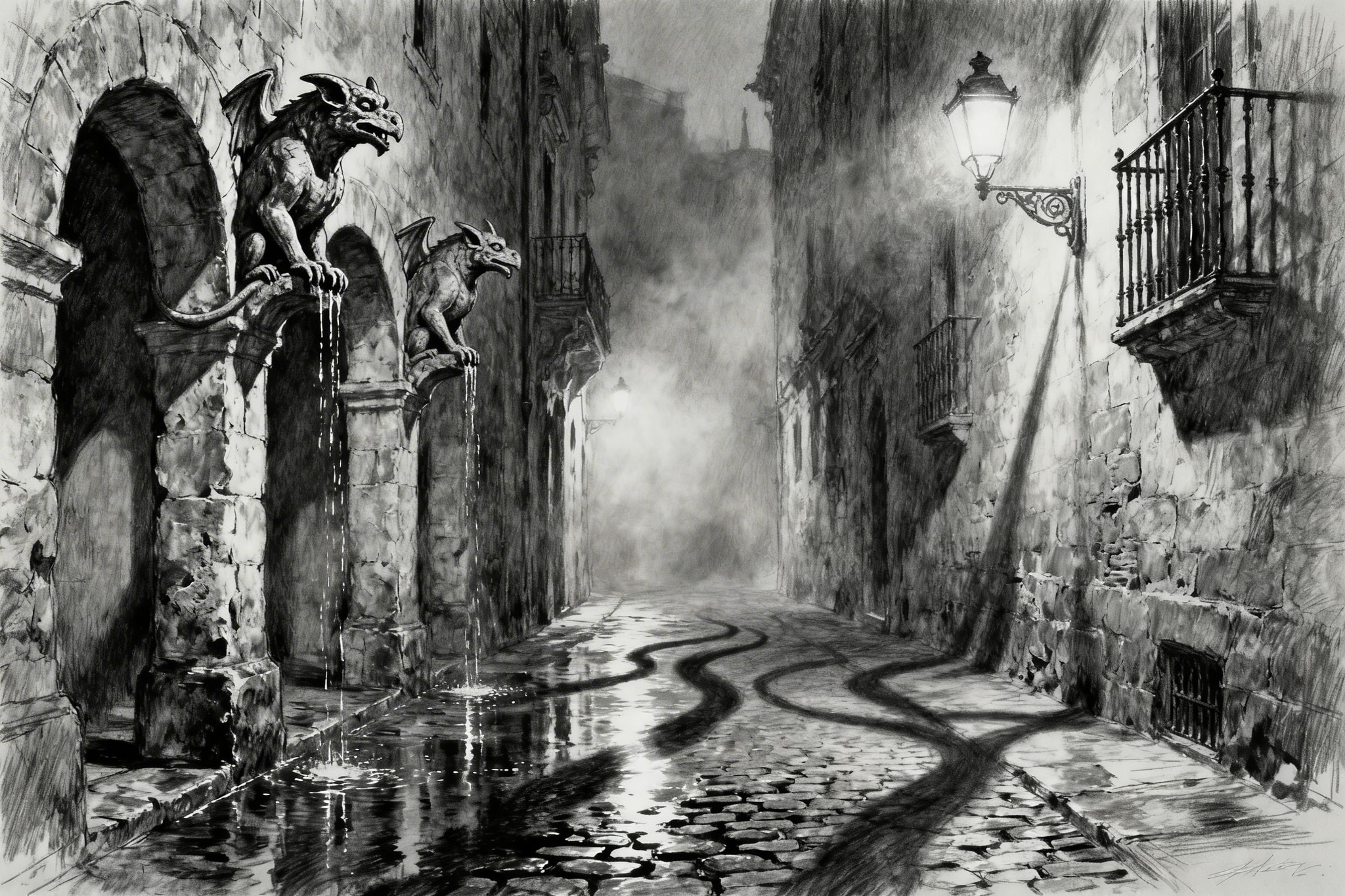 Charcoal sketch of a narrow medieval street in Barcelona's Gothic Quarter with gargoyles and gas lamps.
