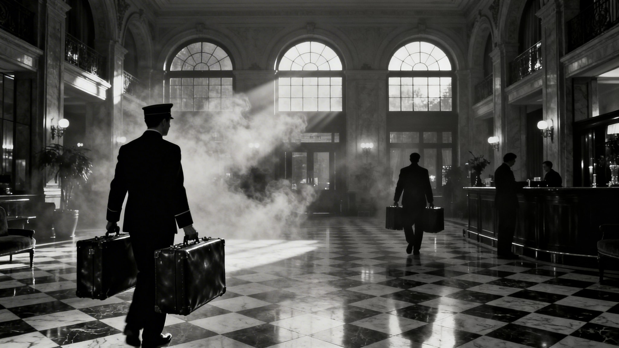Fine art black and white photo of a grand European hotel lobby at dusk with light rays and silhouetted porters
