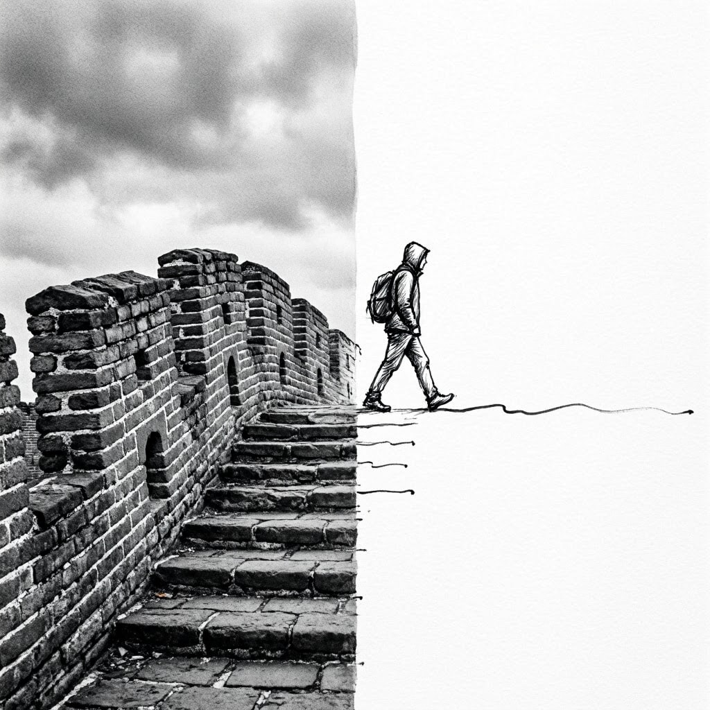 Black and white surreal photo of the Great Wall transitioning from gritty stone texture to a hand-drawn ink line, with a lone hiker.