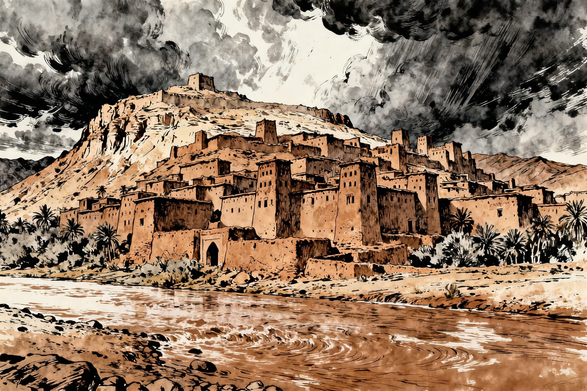 Gritty ink wash illustration of an ancient mud-brick Kasbah merging with a stormy river in the Atlas Mountains.