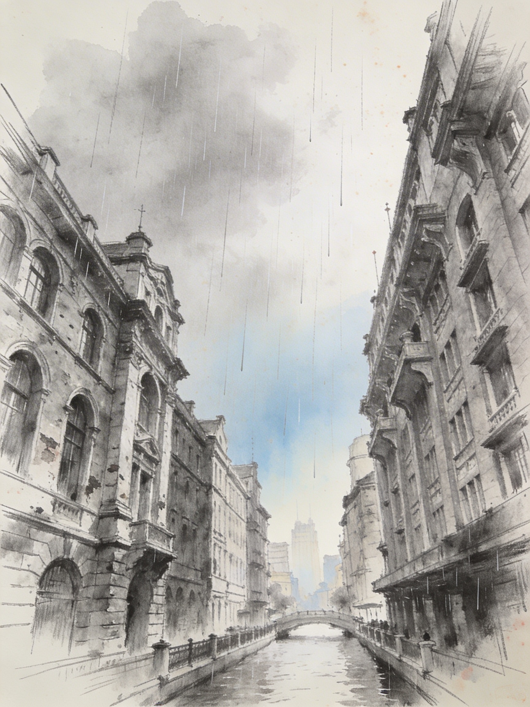 Graphite pencil drawing of historic European-style buildings along the Hai River in Tianjin on a rainy day