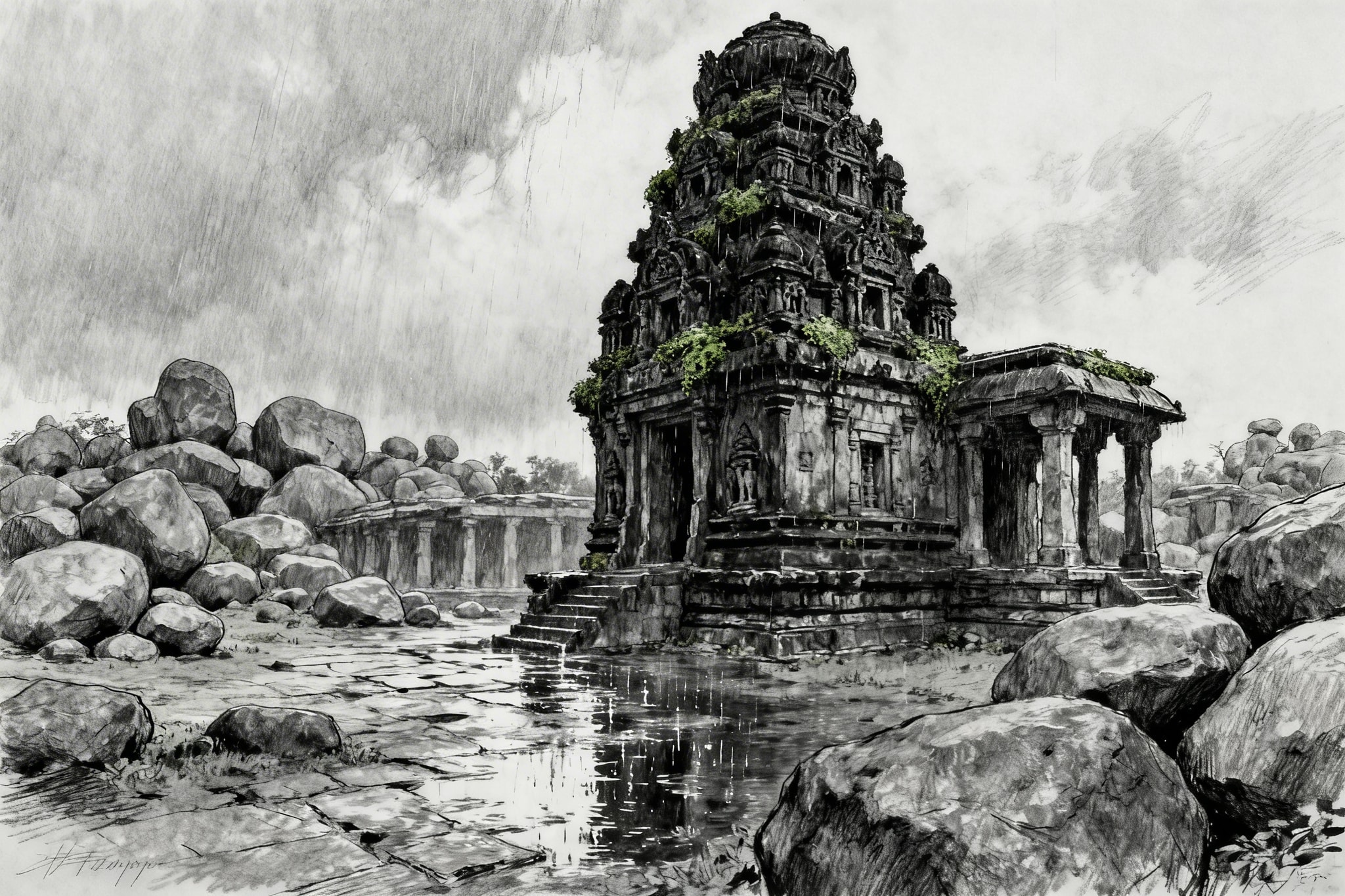 Rough line drawing of ancient stone ruins and boulders in Hampi during monsoon