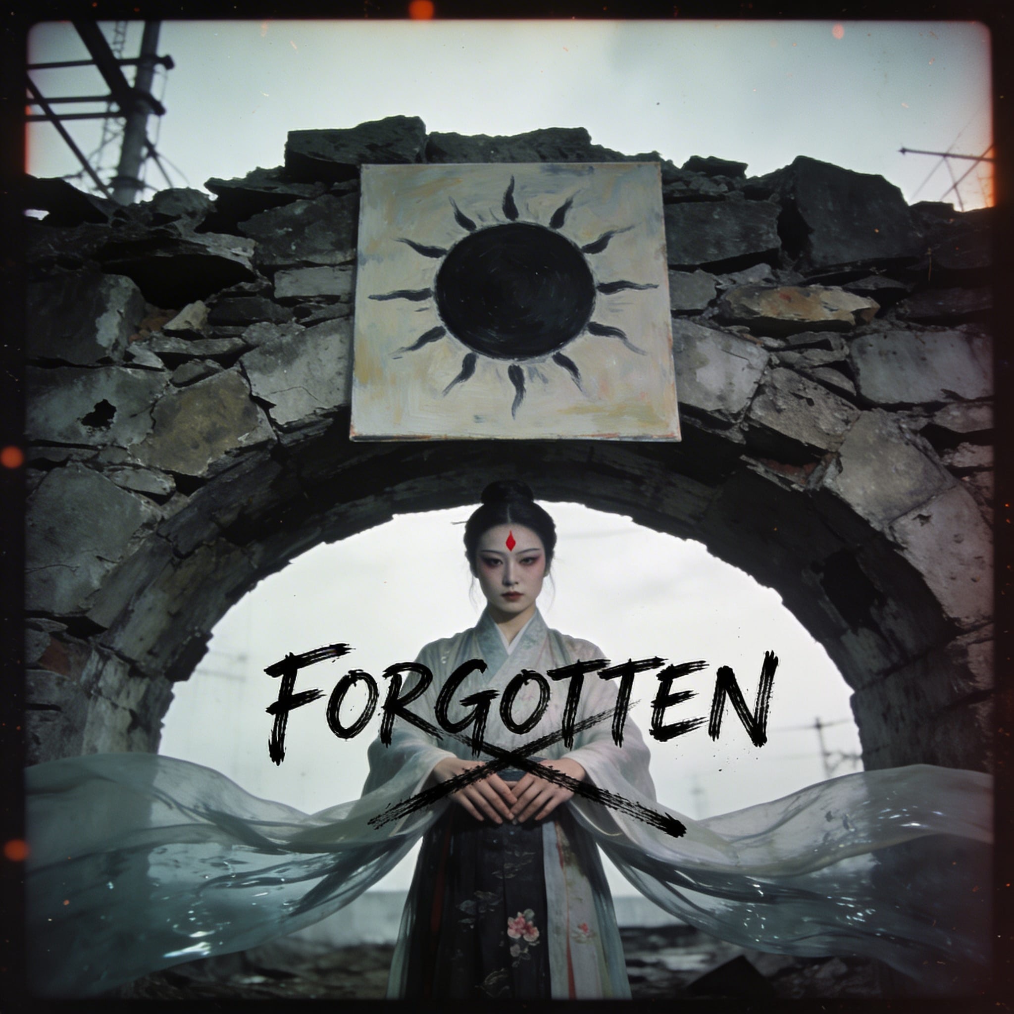 A female performer in traditional Hanfu with water sleeves stands under a moody, crumbling stone archway.