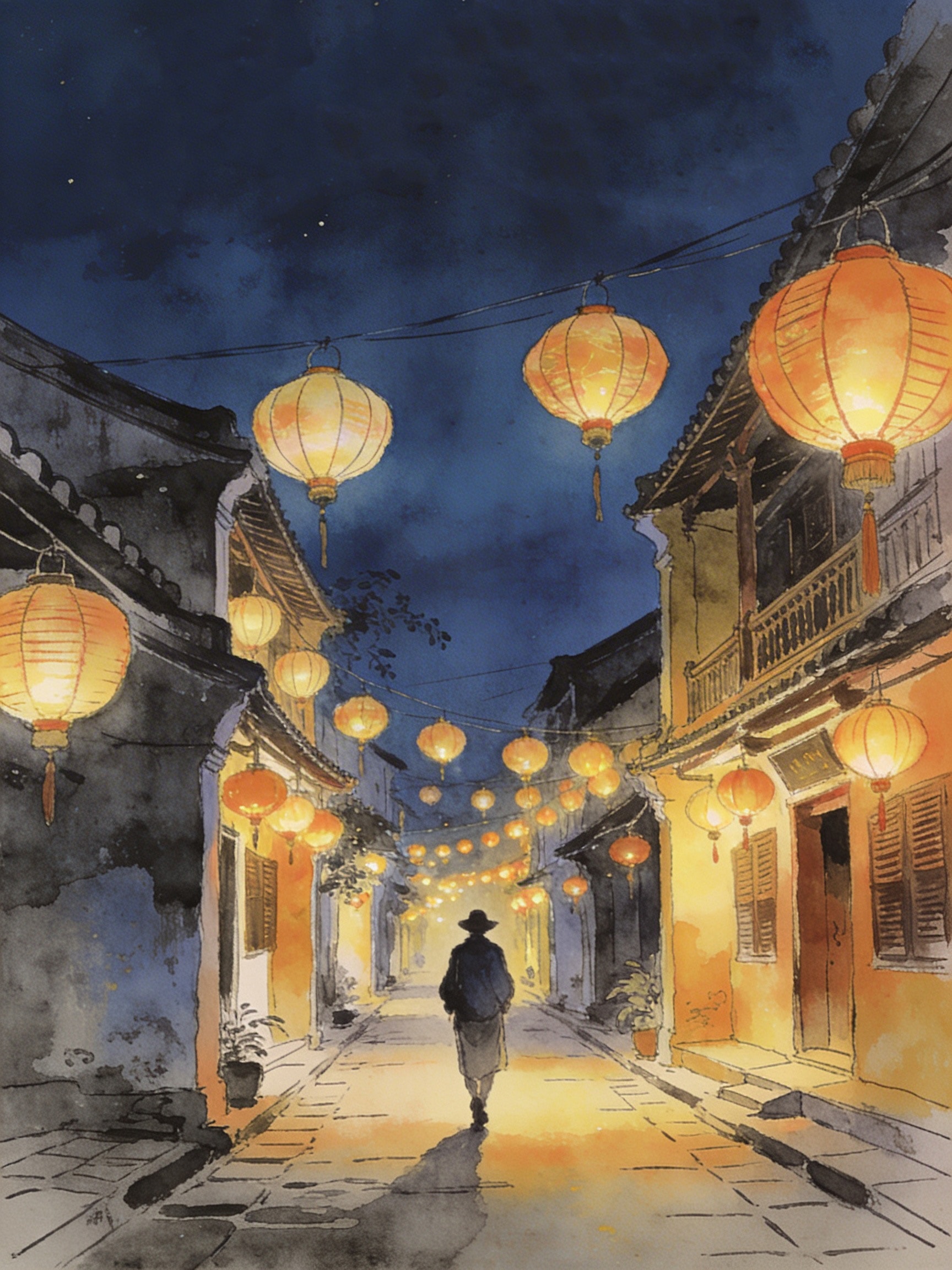 Belle Époque style illustration of Hoi An at night with glowing silk lanterns illuminating an alleyway