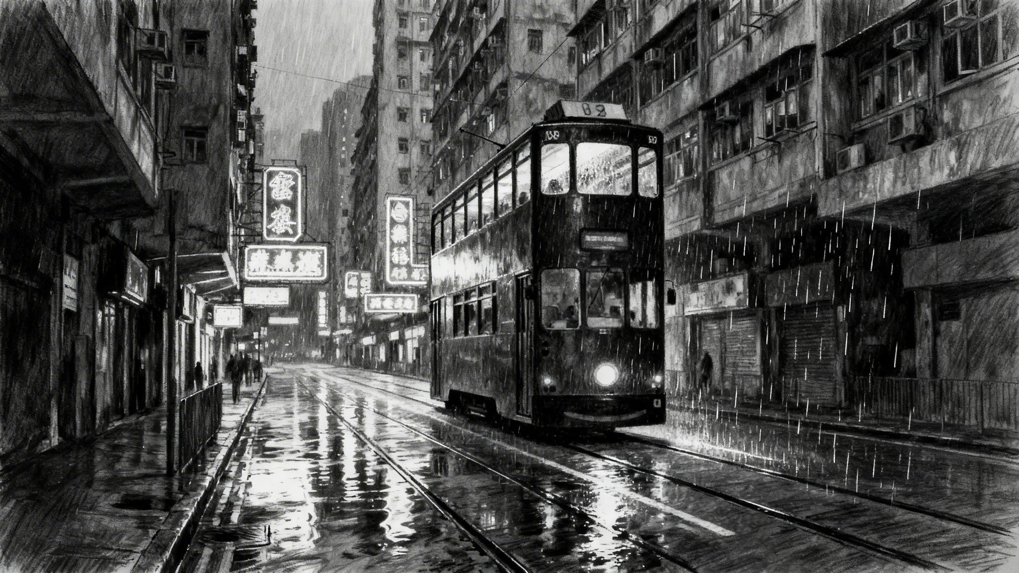 Charcoal sketch of a double-decker tram on a narrow, wet Hong Kong street at night with neon reflections