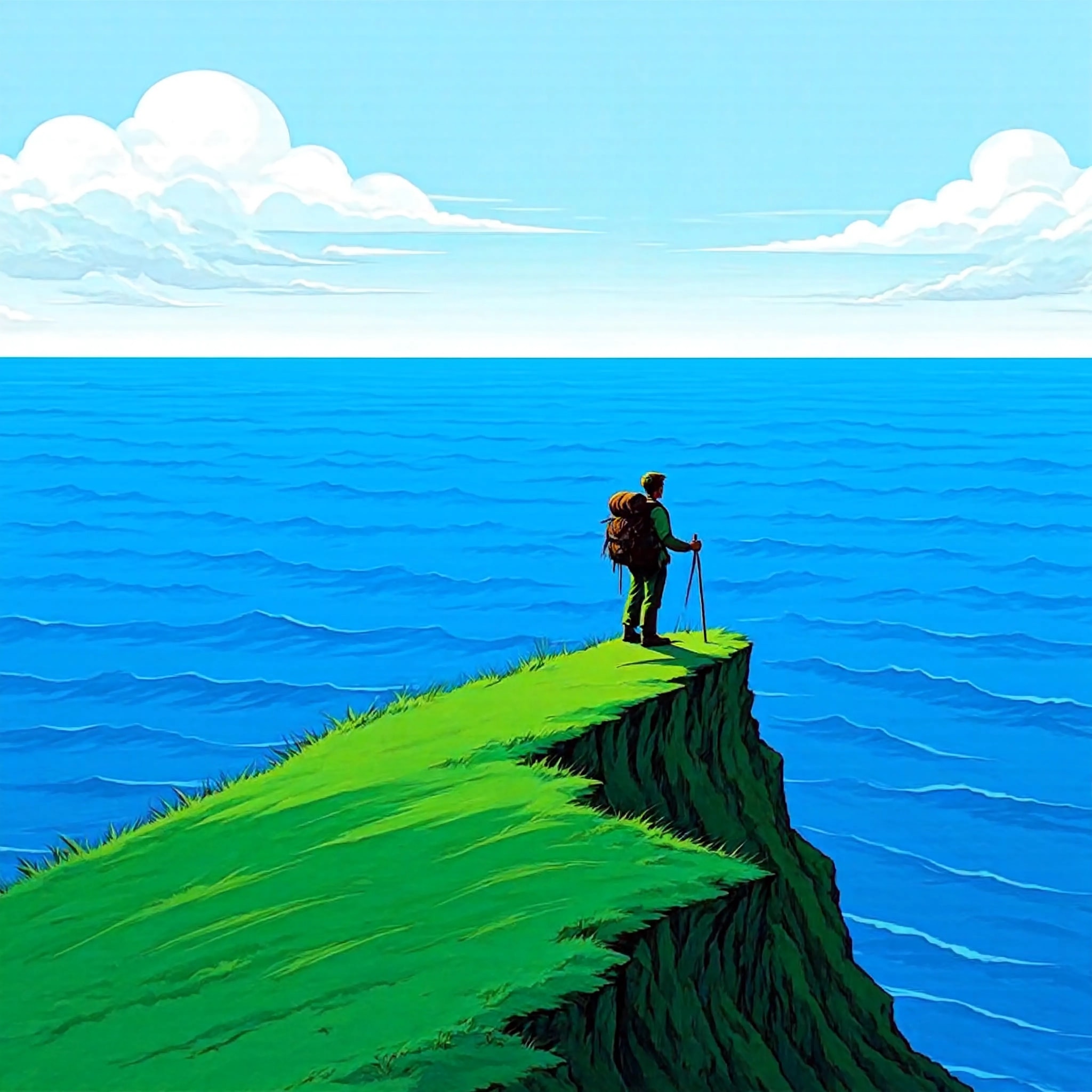 A solitary hiker stands on a lush green cliff in Hualien, looking out at the deep blue sea under a pale blue sky, in a vibrant mid-century Americana style.