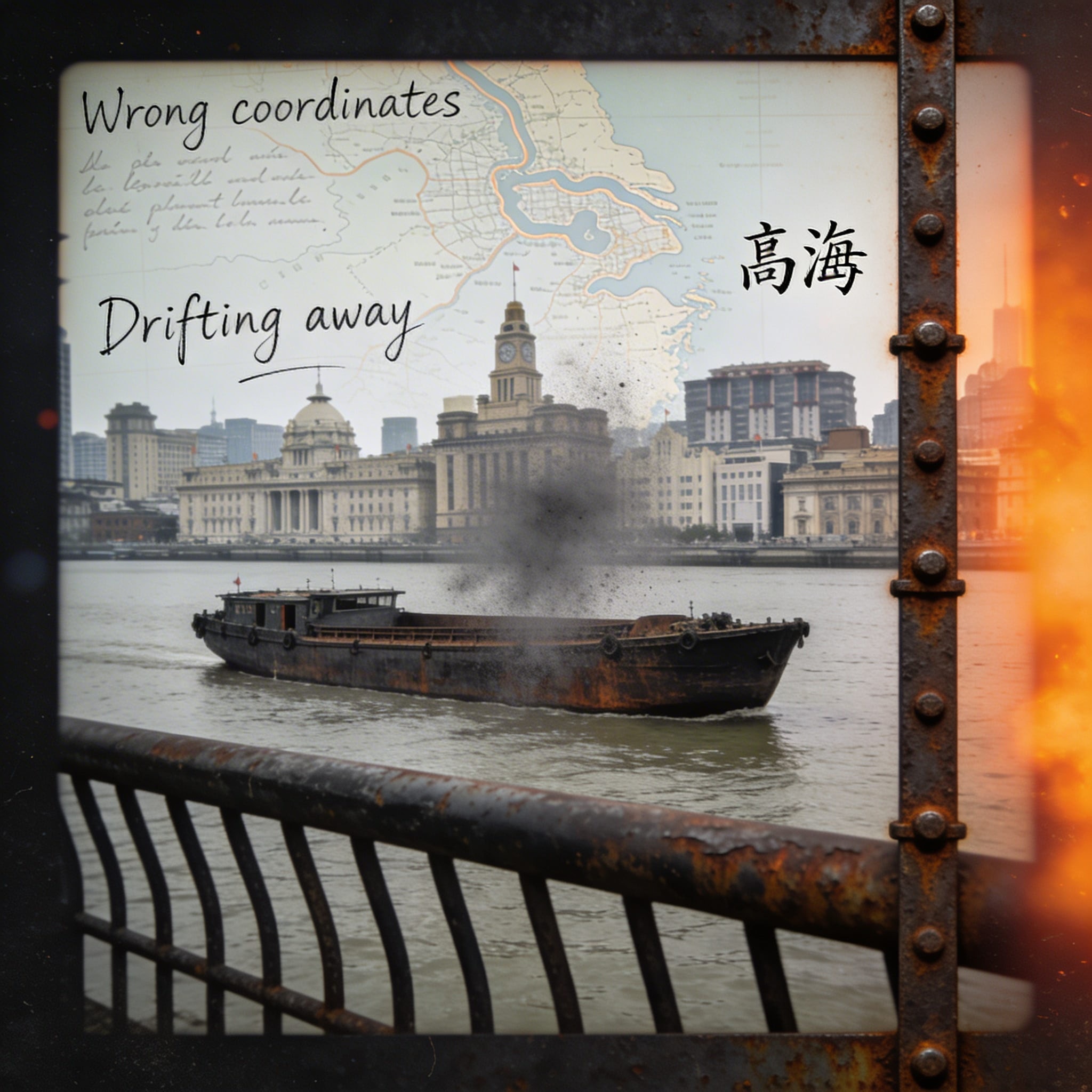 Photograph of a dark cargo barge on the Huangpu River with colonial architecture and orange light leaks