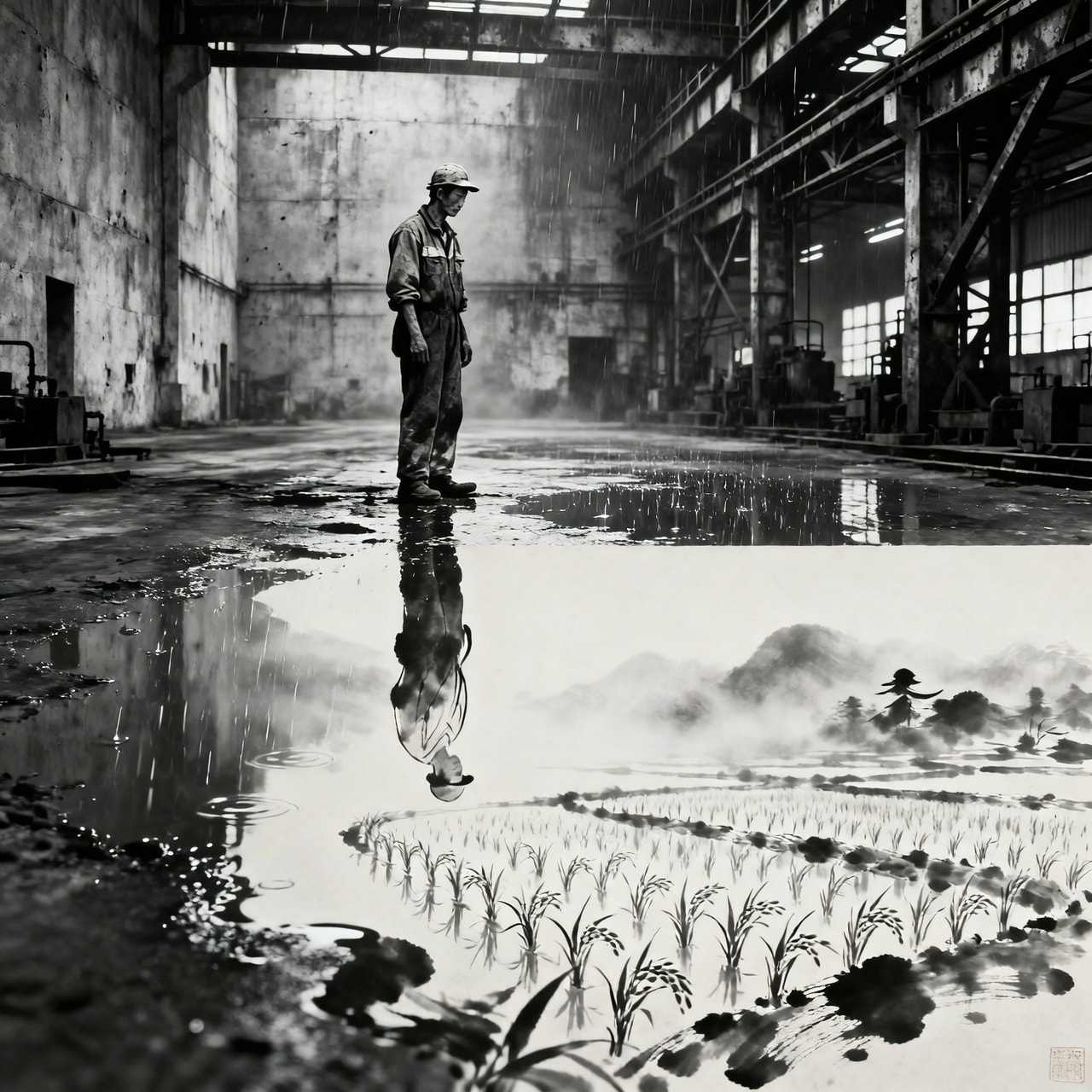 Black and white surreal photo of a worker in a factory, reflected as an ink illustration in a rice paddy.
