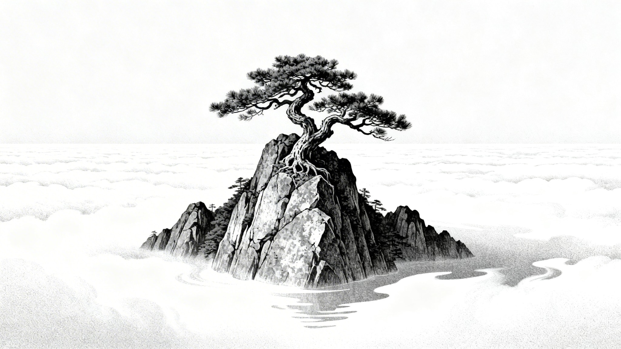 Black and white ink illustration of a lone pine tree on a rocky island above a sea of clouds.