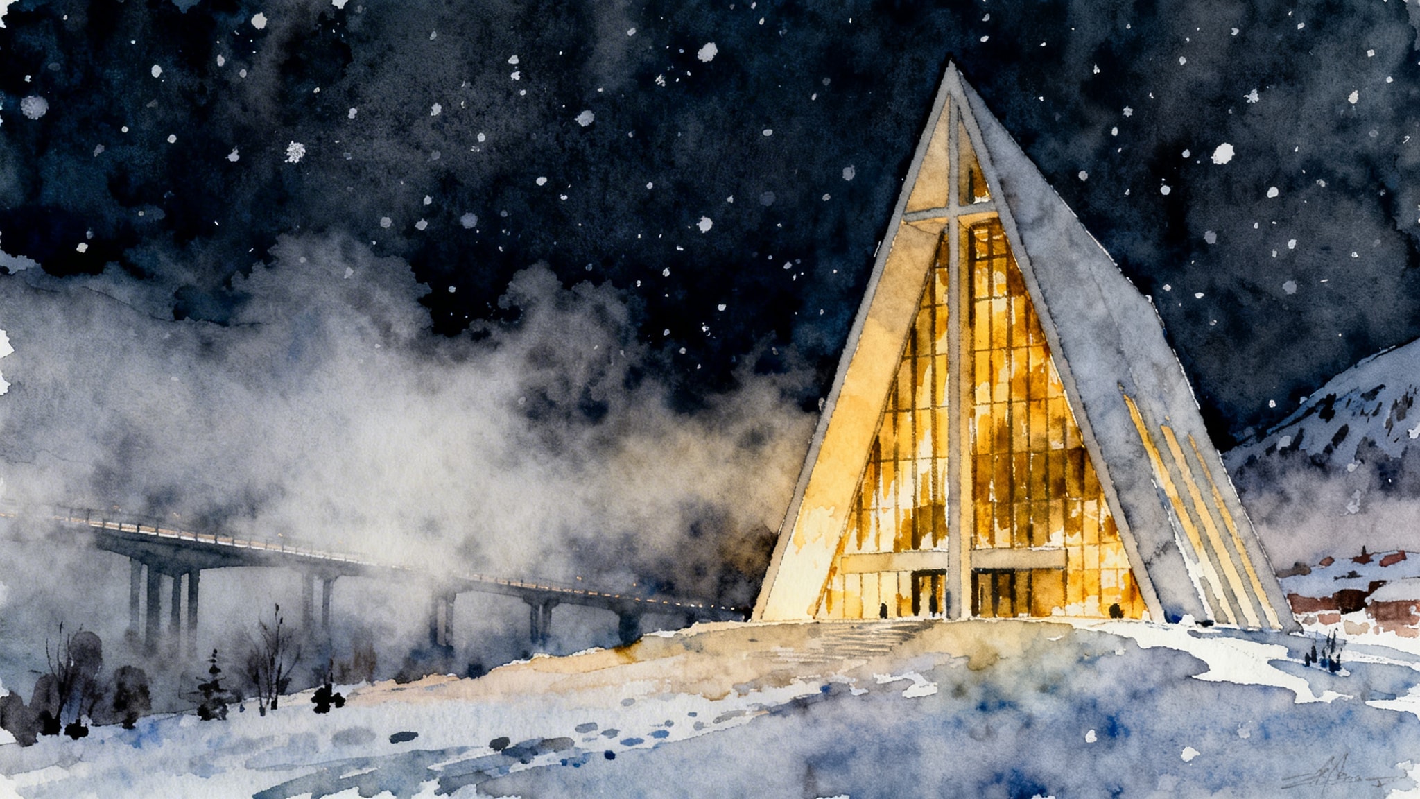Loose ink and wash sketch of the Arctic Cathedral in Tromsø glowing against a dark snowy sky