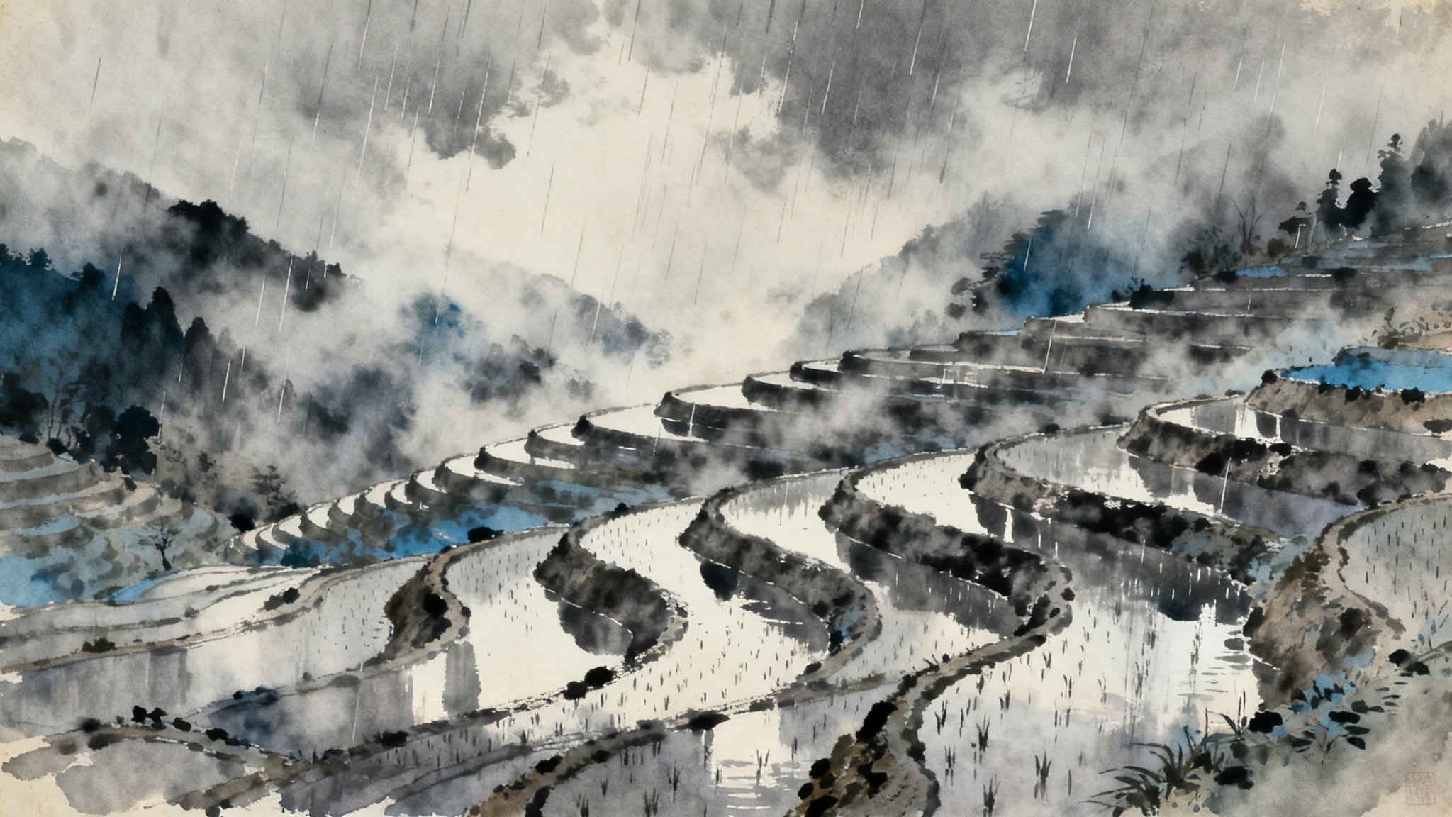 Atmospheric ink wash illustration of misty cascading rice terraces in a Japanese valley during rain