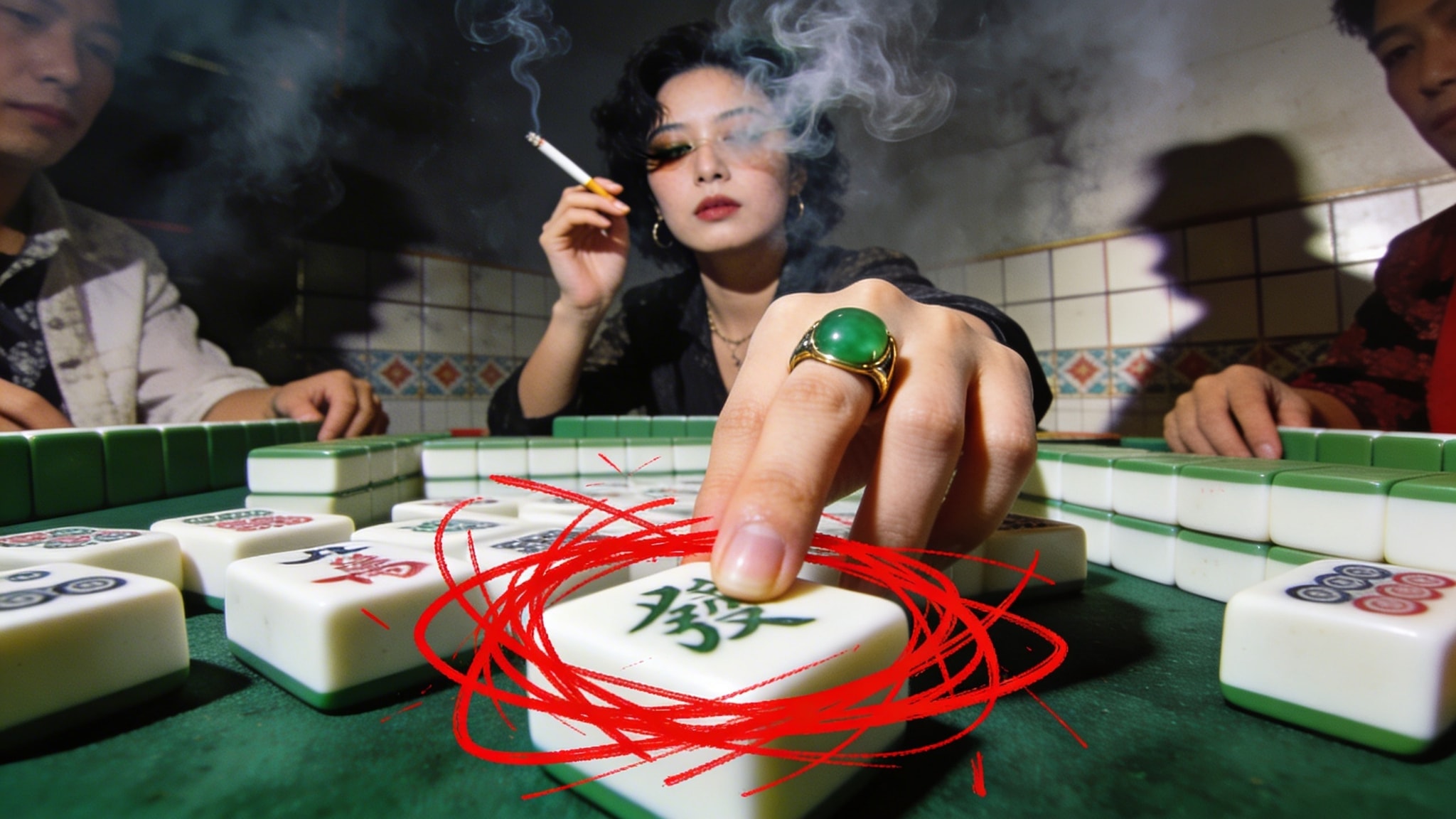 Candid Kodachrome photo of a woman smoking a cigarette at a crowded mahjong table, smoke swirling around her eyes and jade ring, with a red sharpie scribble on a tile.