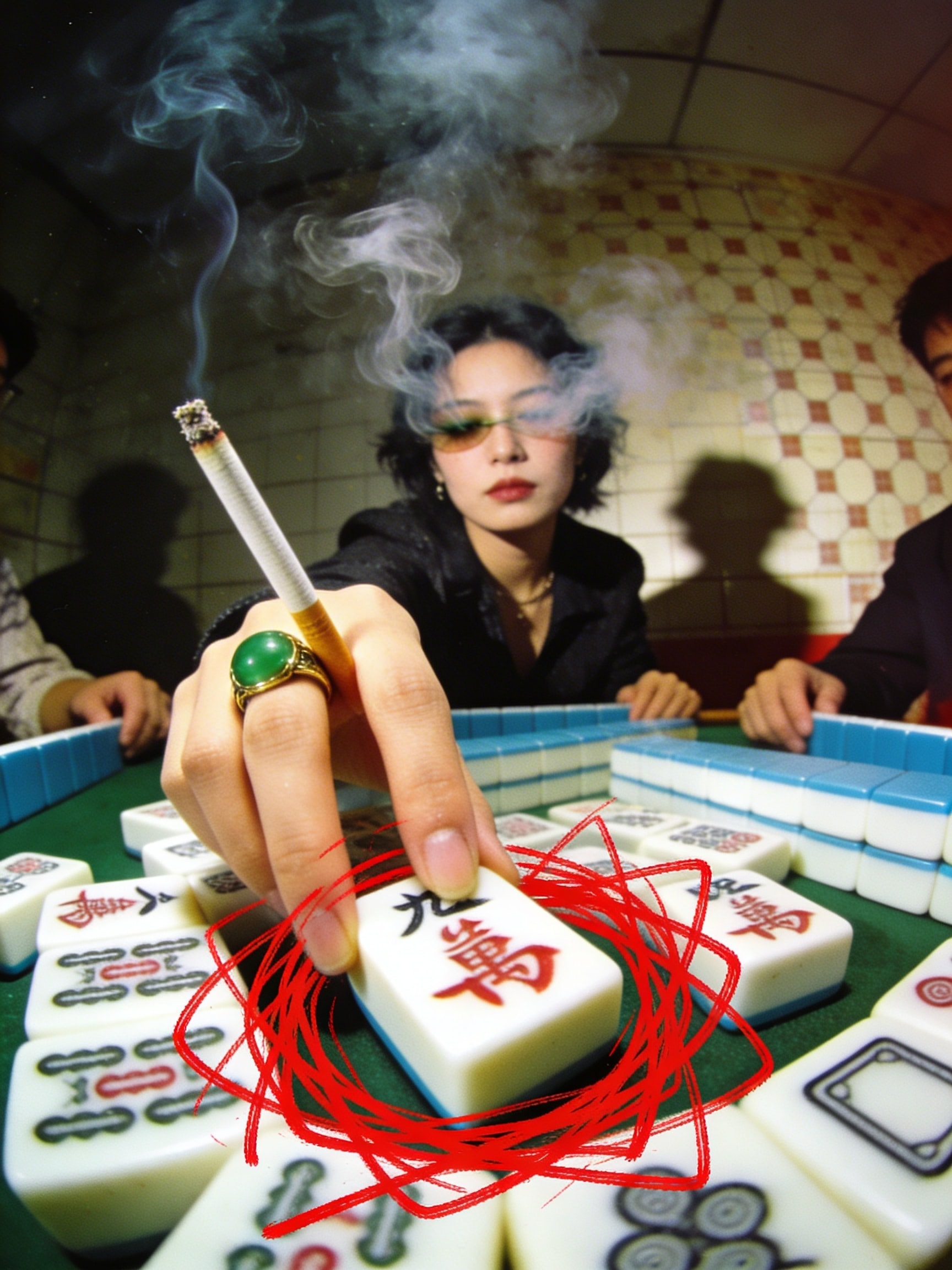 Candid Kodachrome photo of a woman smoking a cigarette at a crowded mahjong table with smoke swirling around her eyes and jade ring.