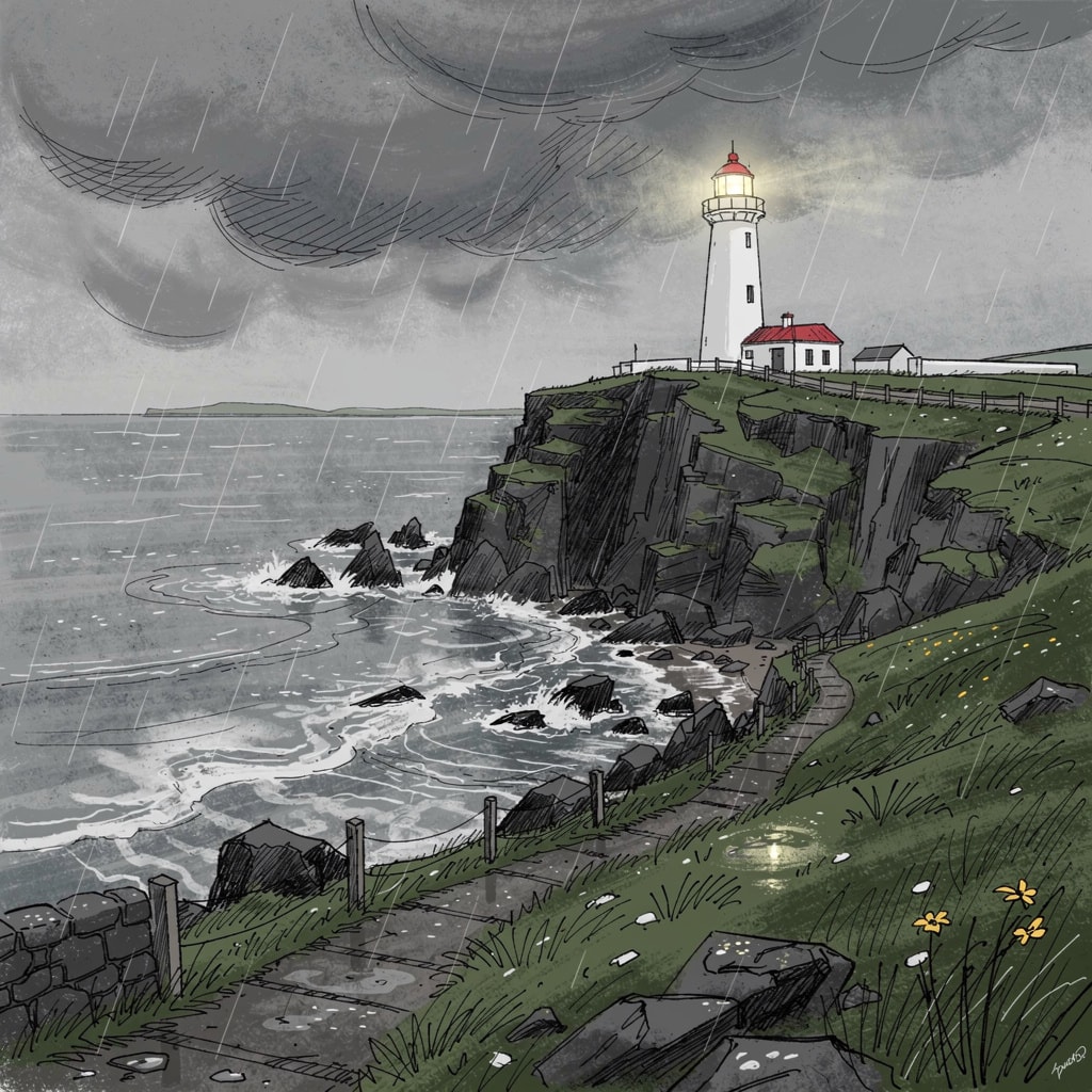 Rough illustration of a rainy day at a lighthouse on the Irish coast
