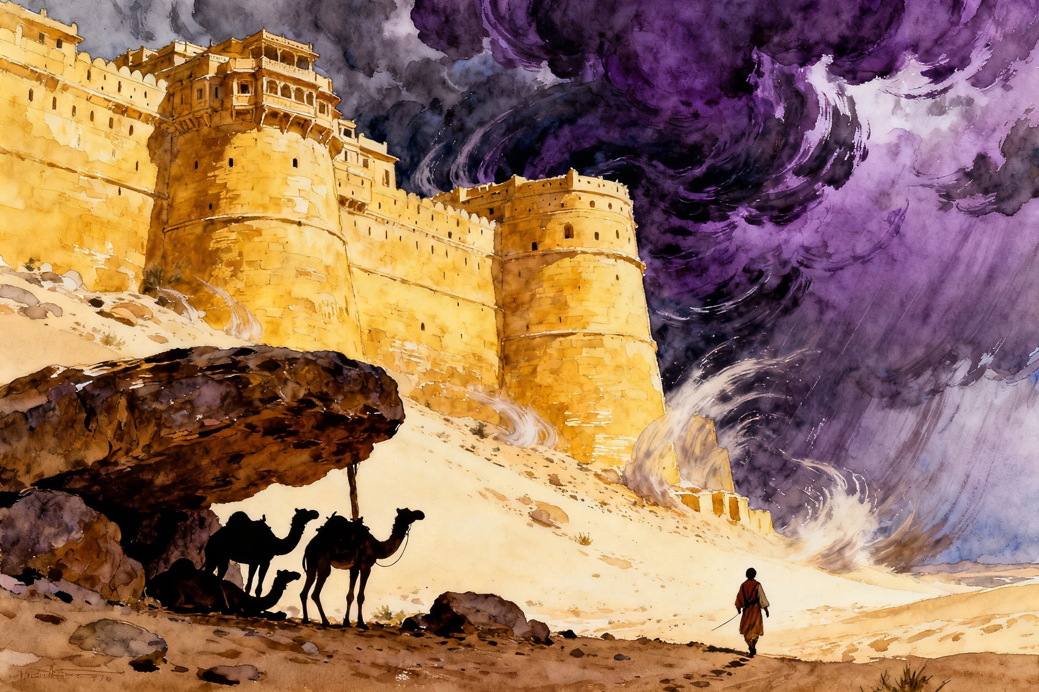 Gouache painting of a traveler and camels near Jaisalmer Fort during a purple desert storm in a 1970s storybook style.