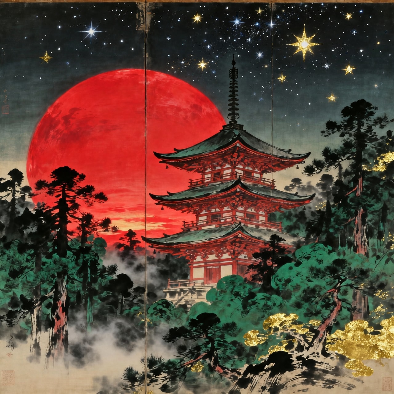 A painting of a Japanese pagoda in a dark forest at night with a starry sky and a large red sun.