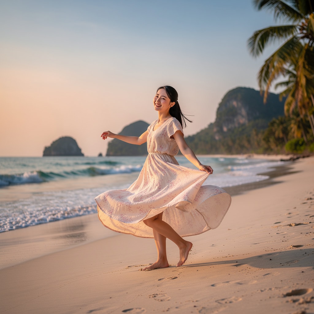 Japanese woman in a summer dress dancing on a sandy beach in Thailand