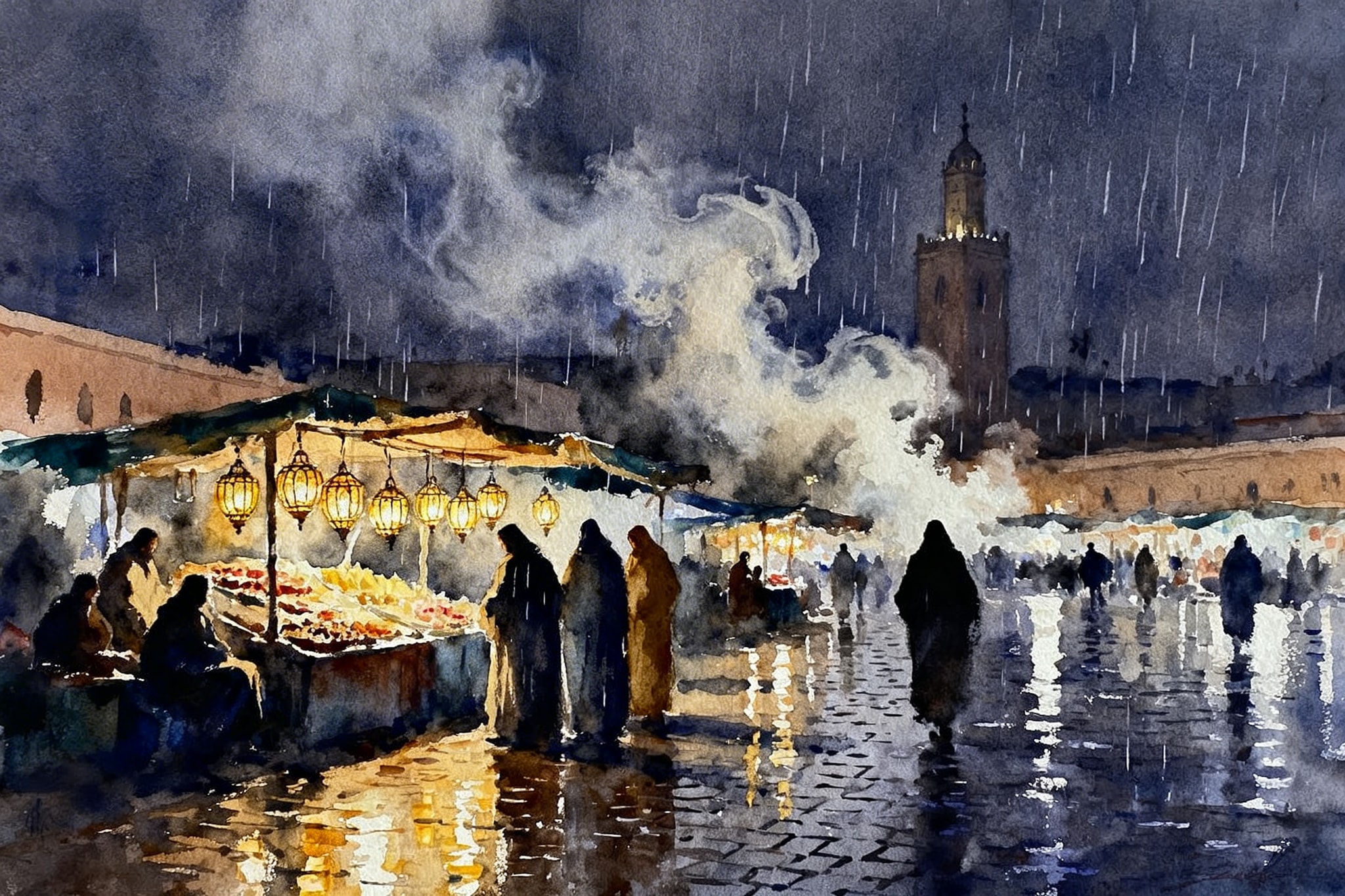 Expressive gouache painting of Jemaa el-Fnaa square at night in the rain with lantern reflections and figures