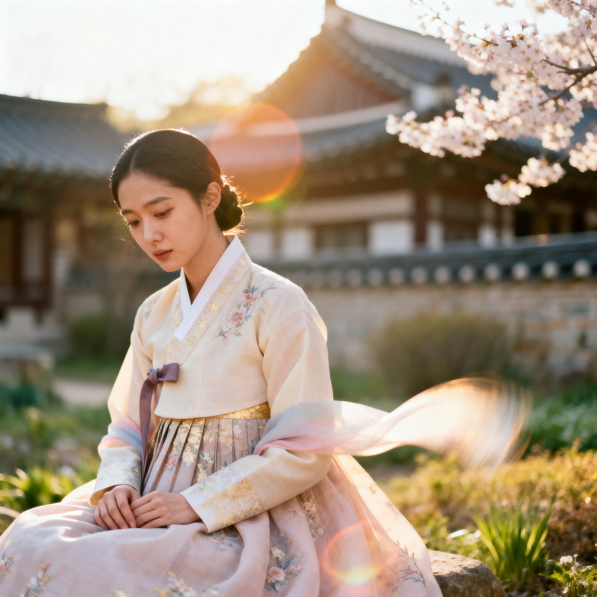 Portrait of a Joseon dynasty princess in traditional hanbok holding a vintage Leica film camera