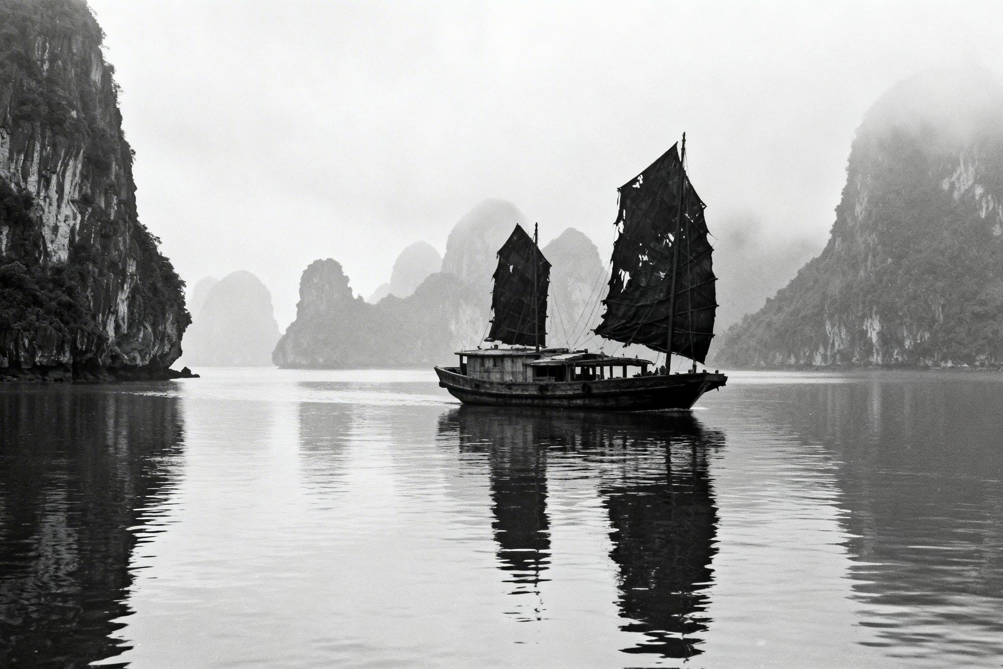 Traditional junk boat sailing through misty limestone karst islands in black and white.