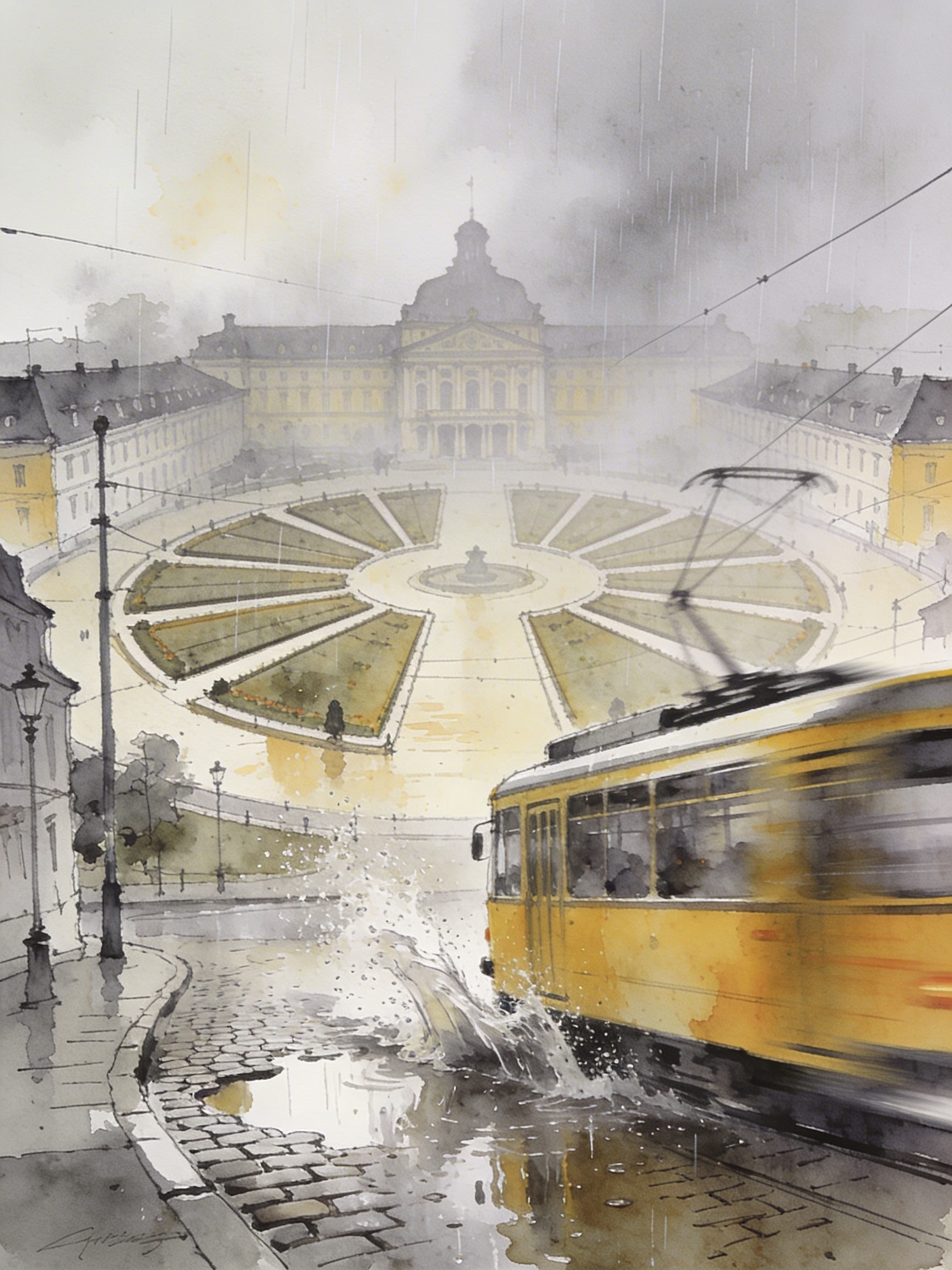 Pen and wash drawing of Karlsruhe's fan-shaped layout with a yellow tram in the rain