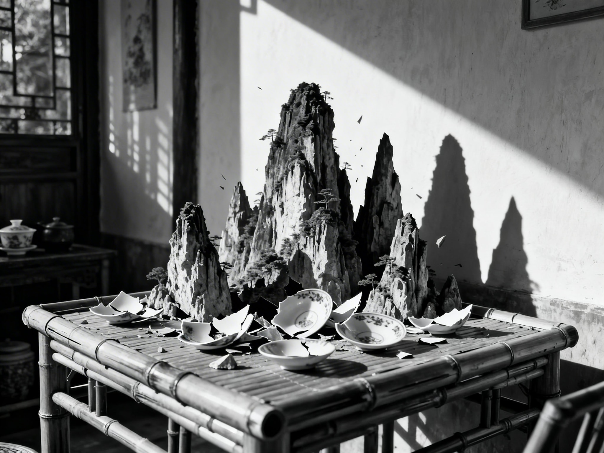 Black and white photo of jagged limestone karst mountains erupting through a bamboo tea table, shattering saucers.