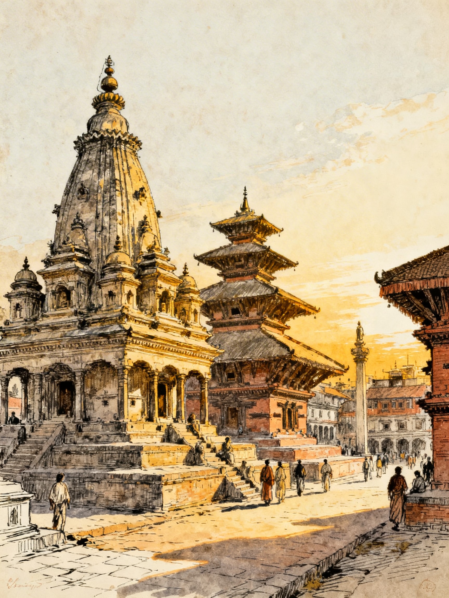 Watercolor illustration of historic Nepalese temples in Kathmandu Durbar Square.