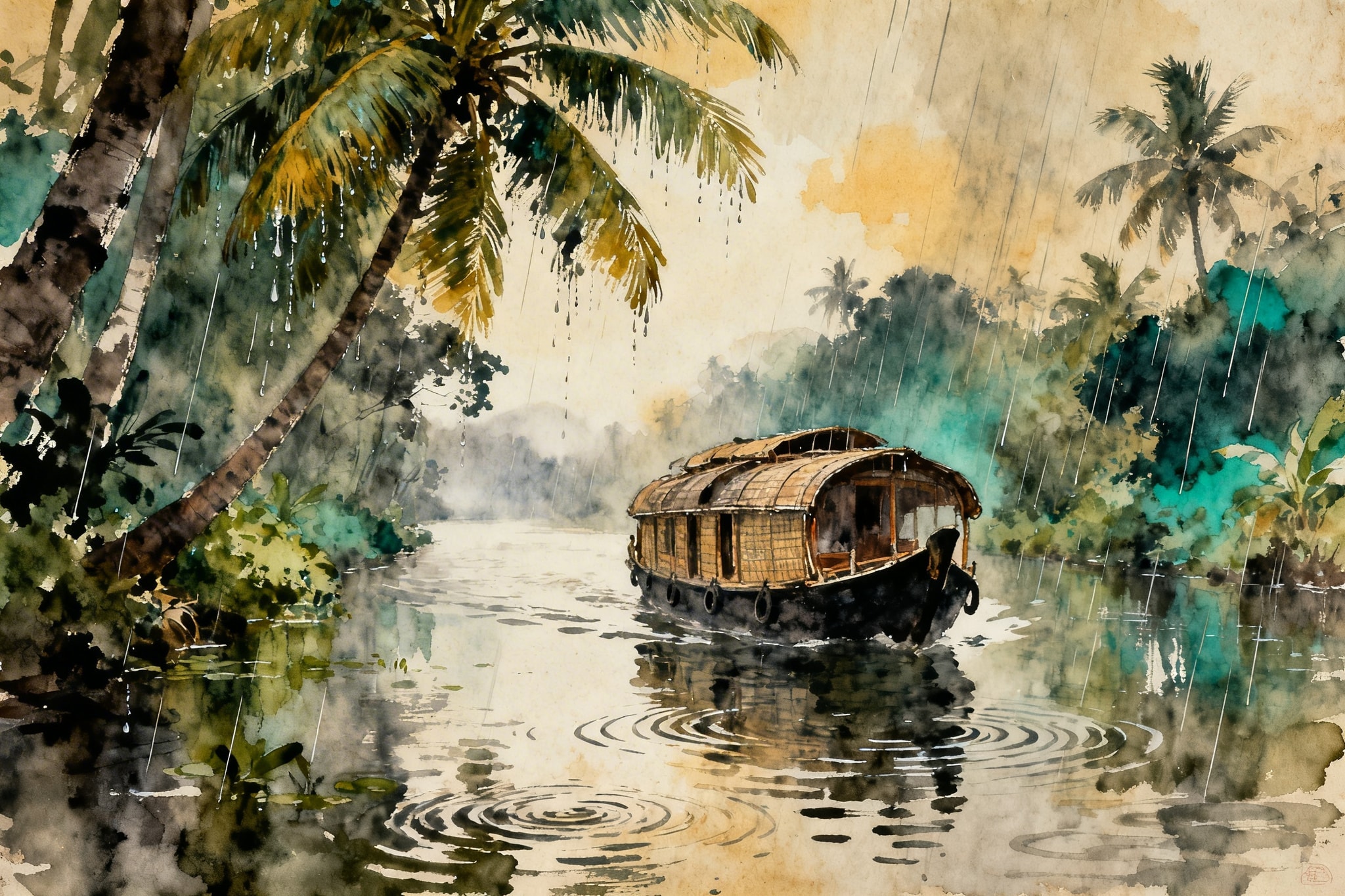 Watercolor illustration of a traditional houseboat on rainy Kerala canals