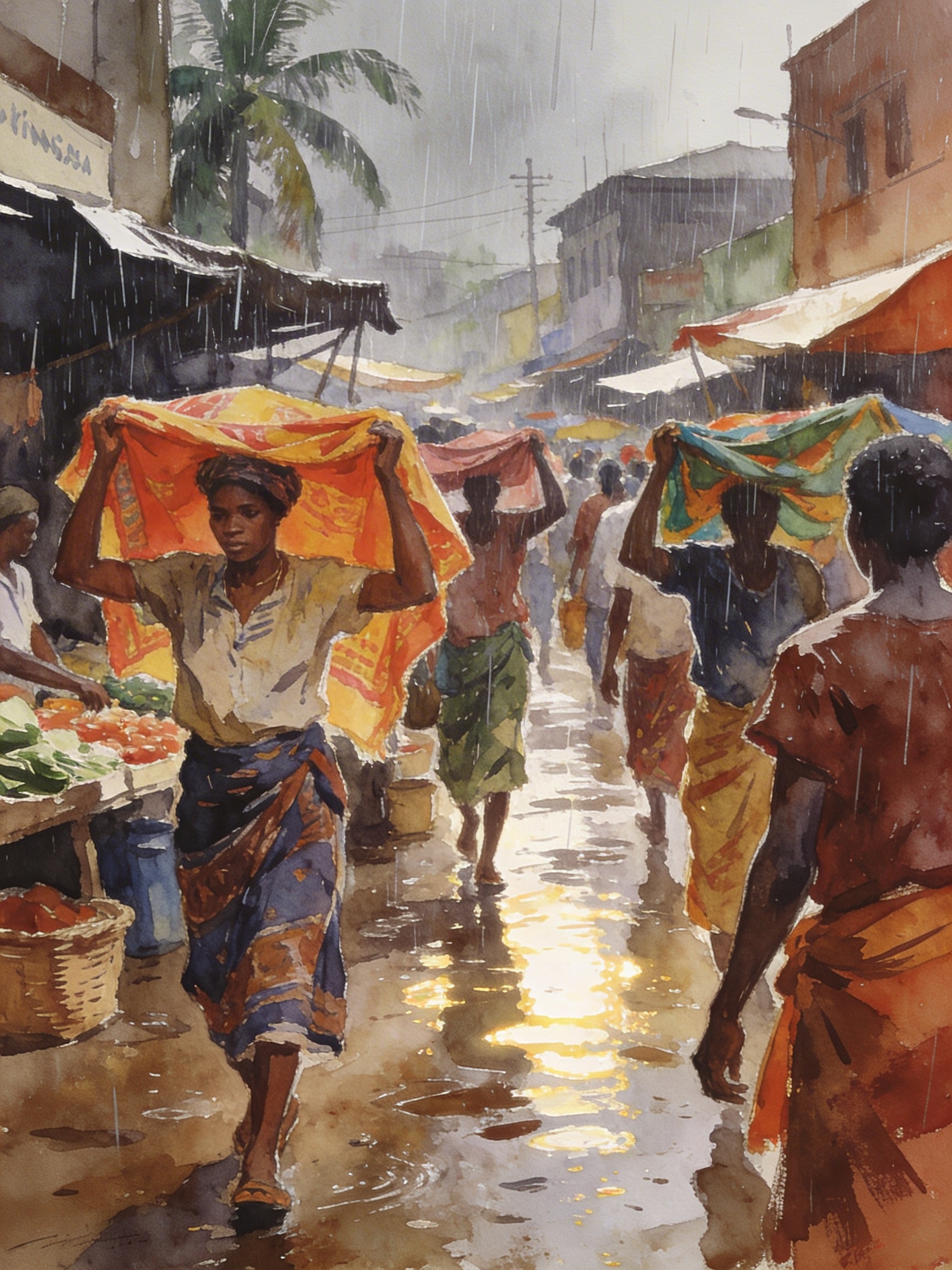 1970s editorial illustration of a lively Kinshasa street market during a tropical downpour with people sheltering under colorful fabrics.
