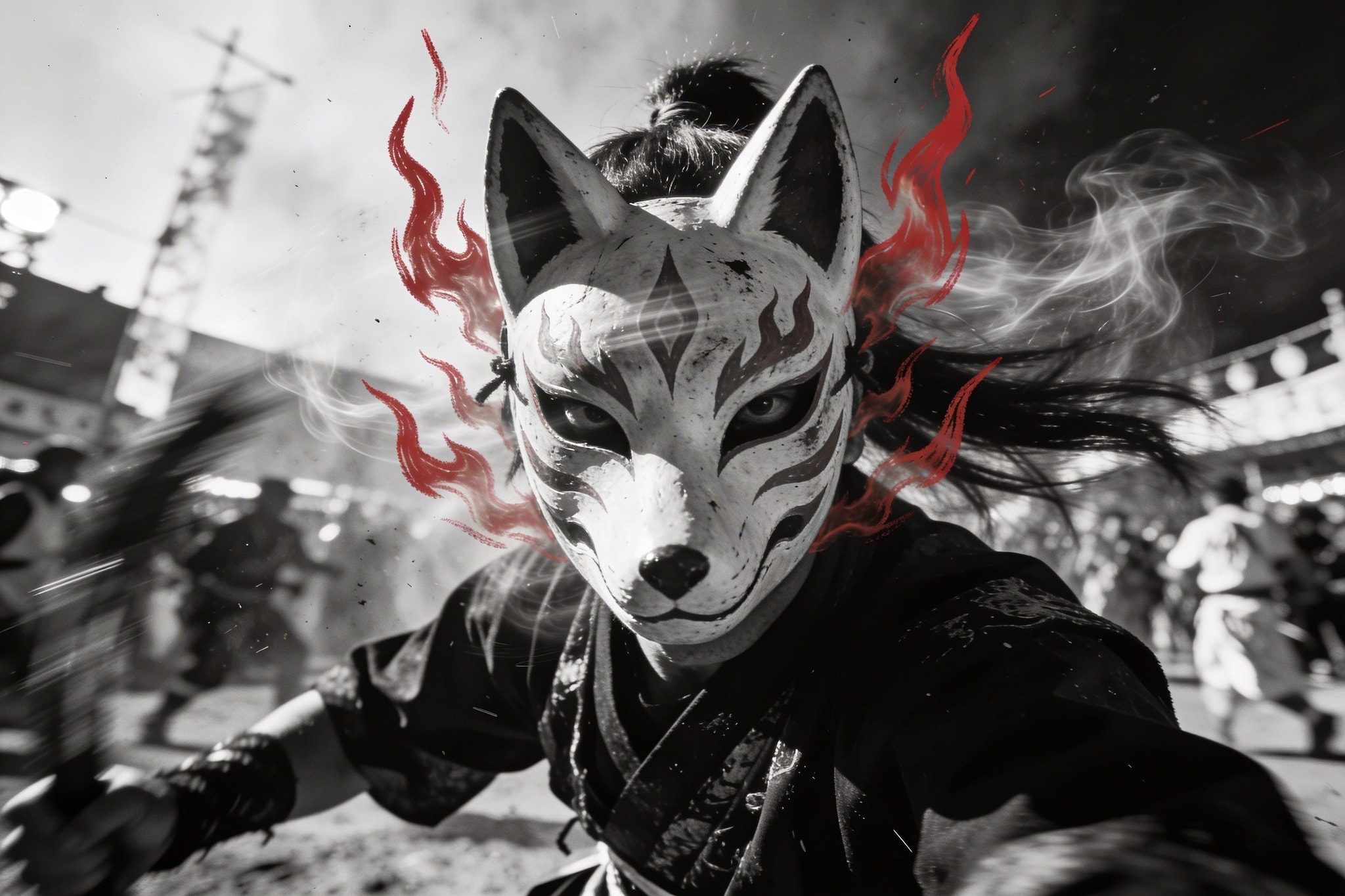 A black and white photo of a festival dancer in a kitsune mask with motion blur, flash, and hand-drawn red sharpie flames.