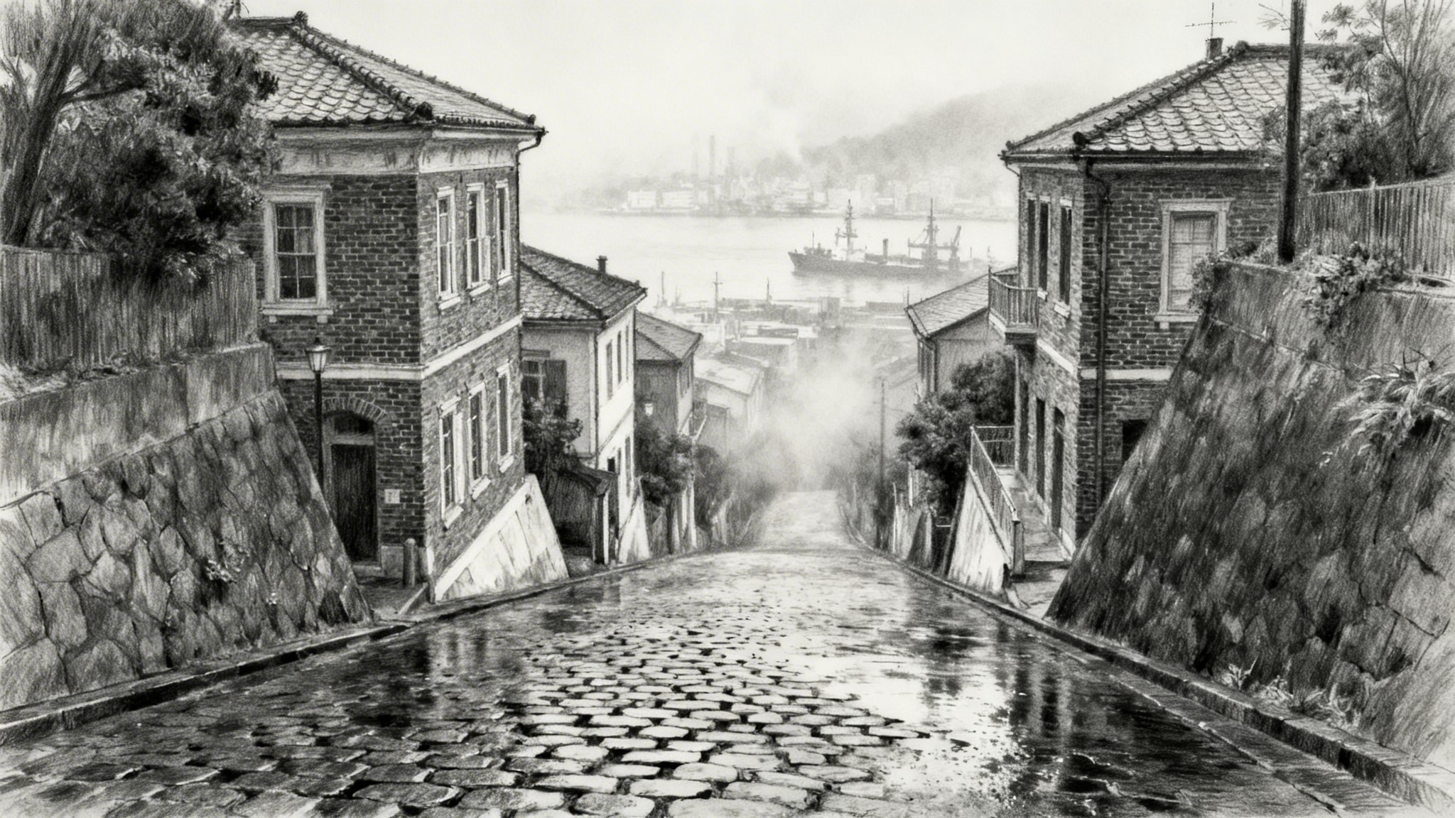 Graphite sketch of a steep, wet cobblestone street in Kobe's Kitano-cho district, with historic Western-style brick houses and a foggy port in the distance.