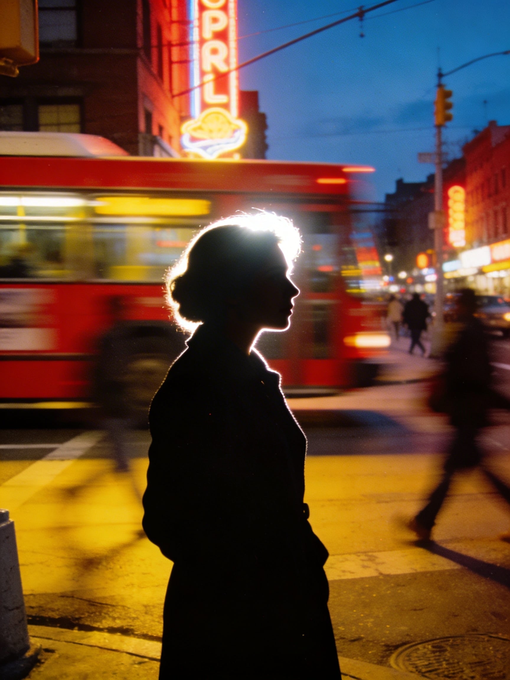 A woman stands on a busy 1960s street corner at dusk, illuminated by a powerful flash that creates harsh outlines, with saturated red bus and neon signs in the background.