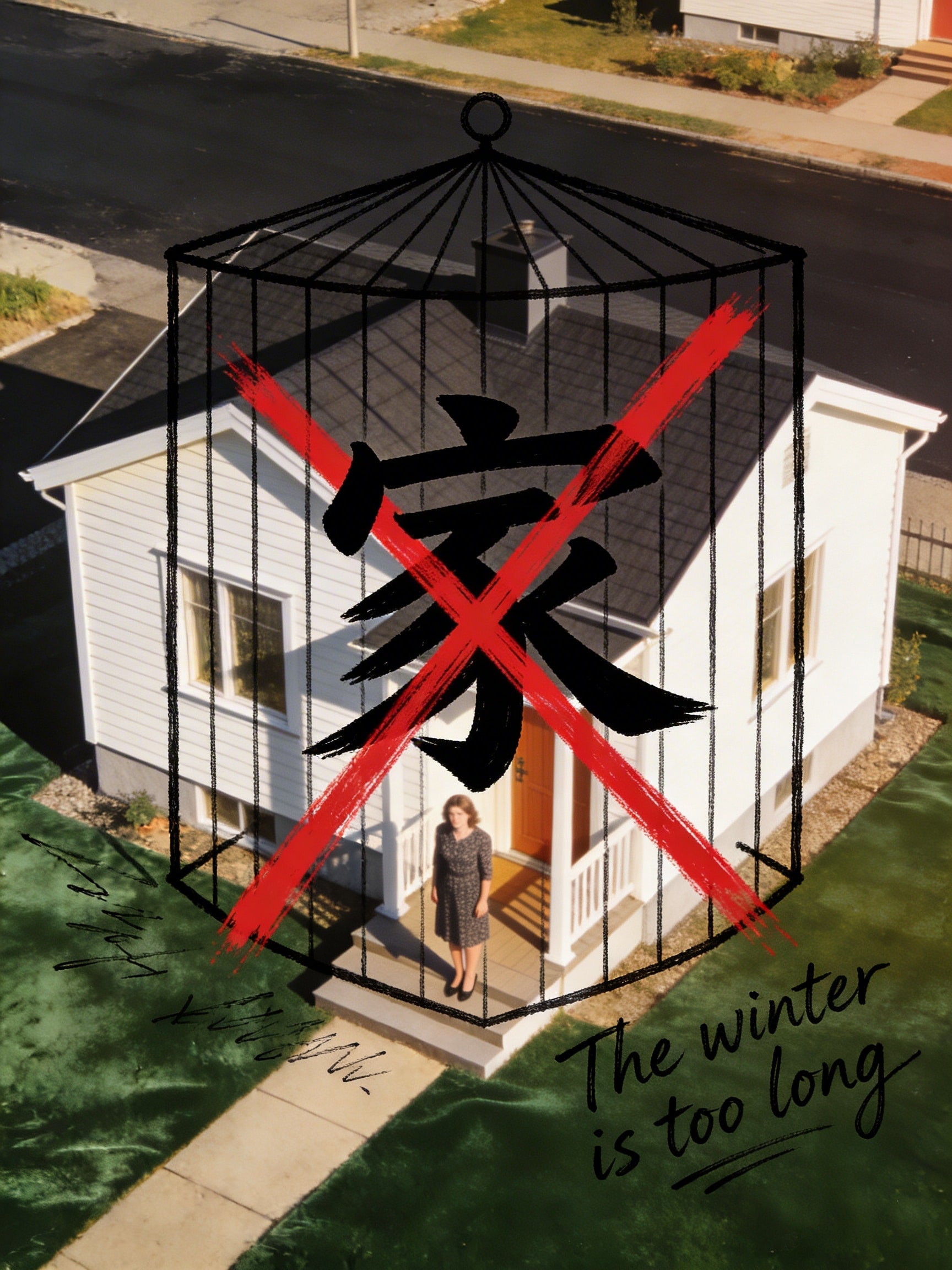 1960s-style portrait of a woman on a modern Swedish bungalow porch with Sharpie-drawn house outline and Kanji character.