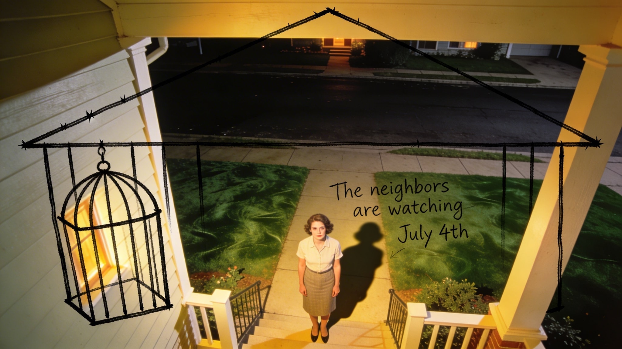A 1960s-style portrait of a woman on a suburban porch at night, with a hard shadow and hand-drawn Sharpie outlines on the house siding.