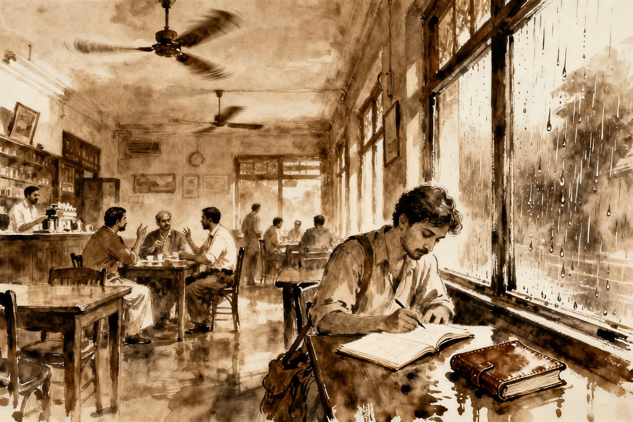 Sepia-toned sketch of a historic Kolkata coffee house interior with ceiling fans, intellectuals, and a traveler on a rainy day.