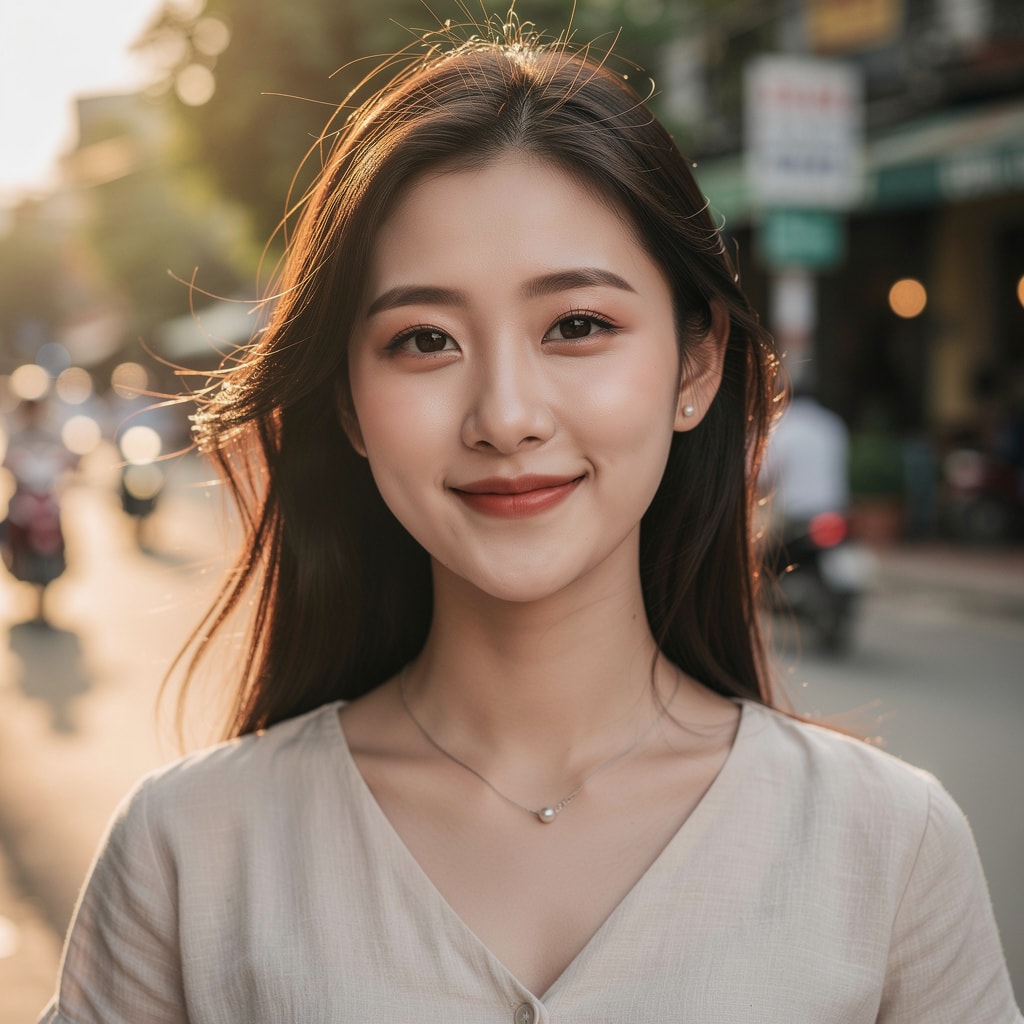 Photo-realistic headshot of a young Korean travel influencer in Vietnam