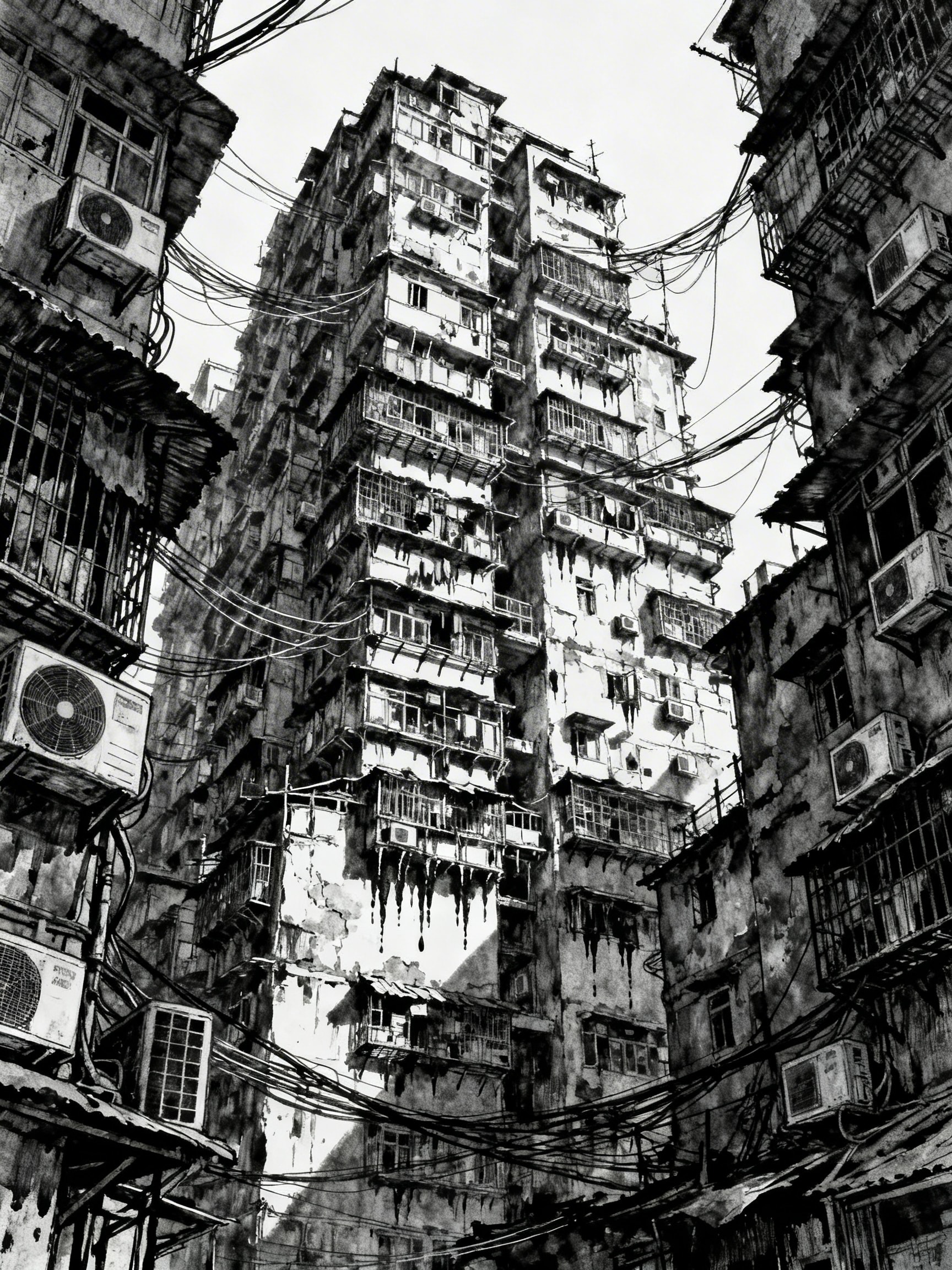 Gritty ink and charcoal drawing of a dense, claustrophobic mega-structure with countless balconies and tangled wires.