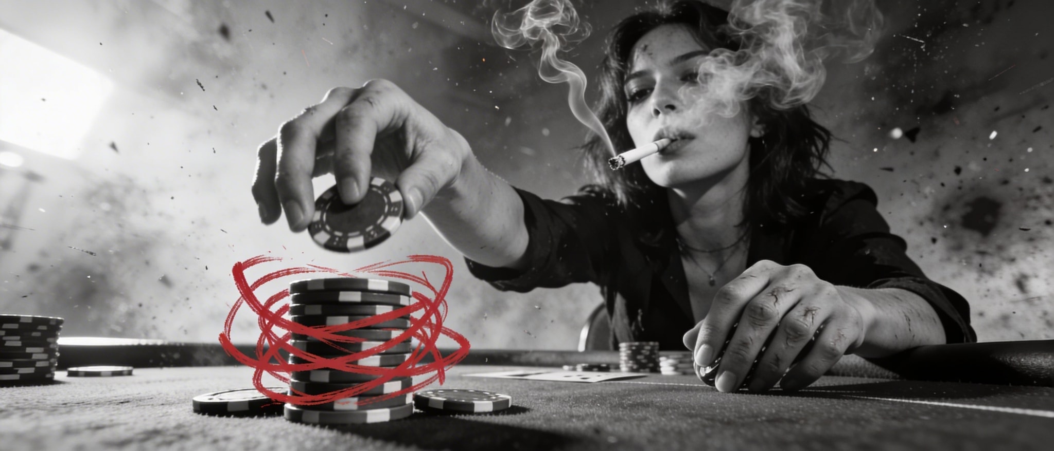 Black and white candid photo of a desperate female gambler throwing her last chips, with cigarette smoke and a frantic red scribble.