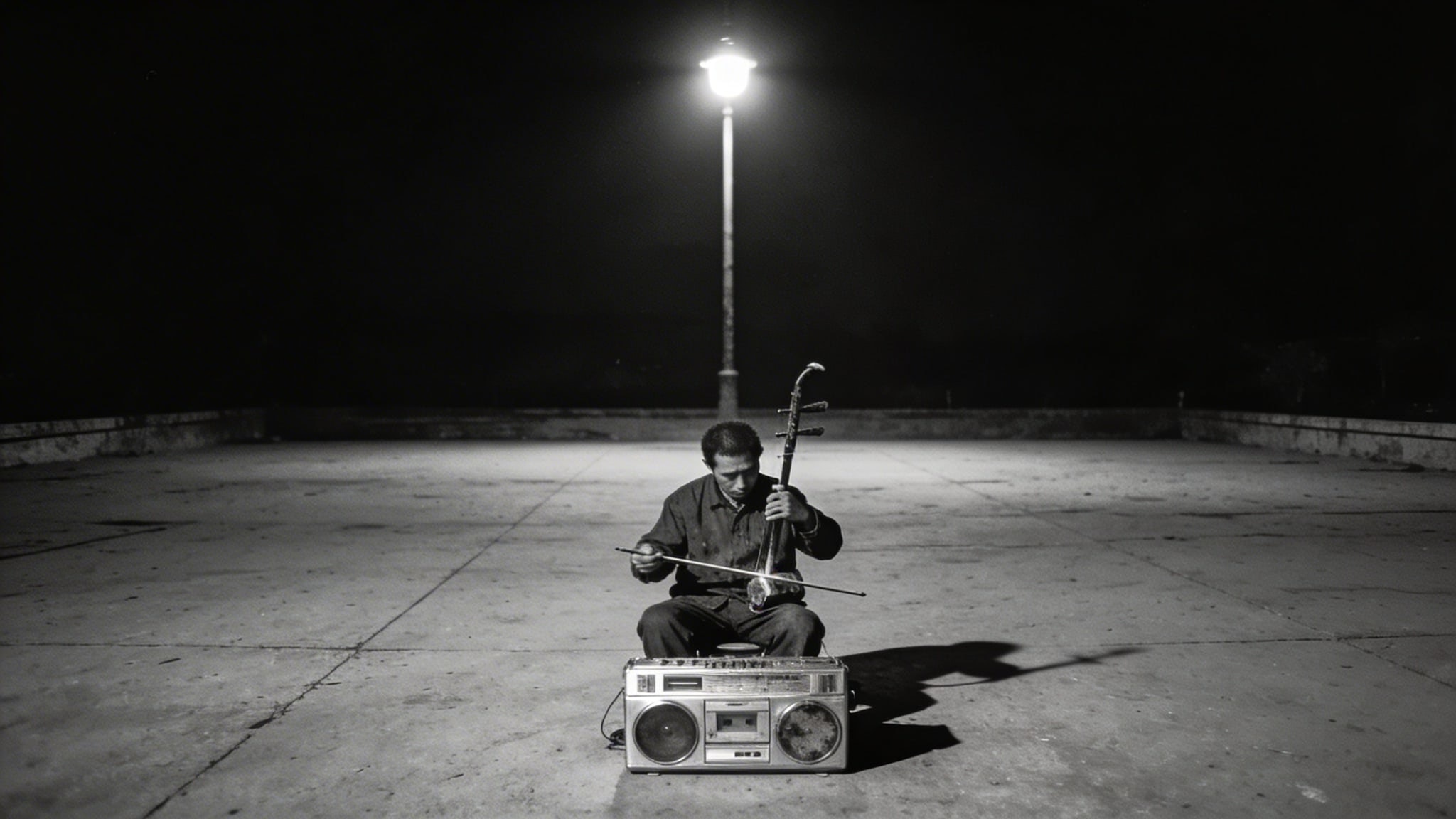 Black and white photo of a street musician playing an Erhu under a single streetlamp at night