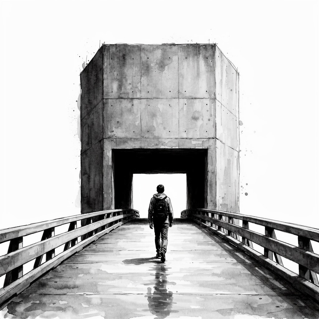 Black and white surrealist image of a photographic traveler crossing a minimalist brutalist concrete bridge