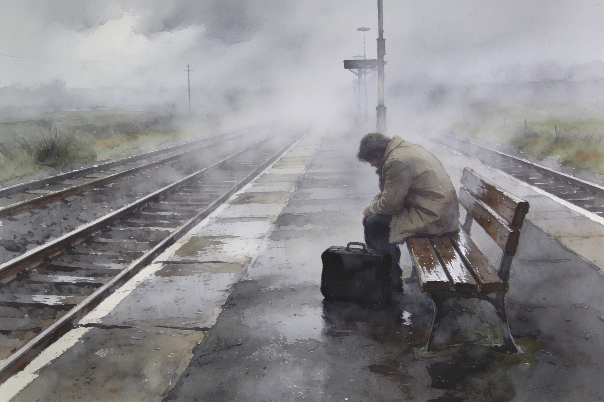 Muted gouache painting of a solitary figure on a wet bench at a foggy, unmanned train station