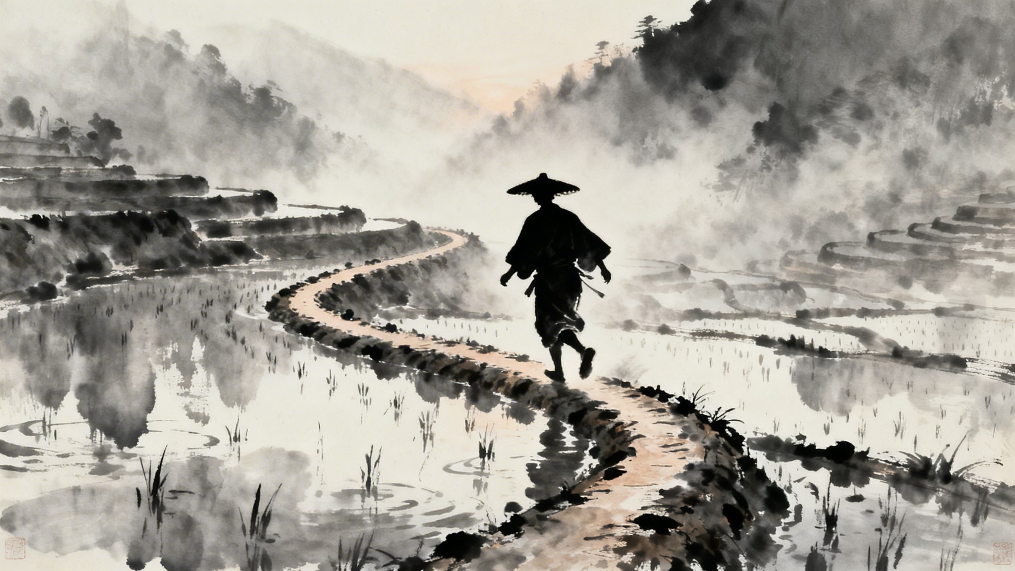 Ink wash illustration of a traveler in kimono walking a narrow rice terrace ridge at dusk