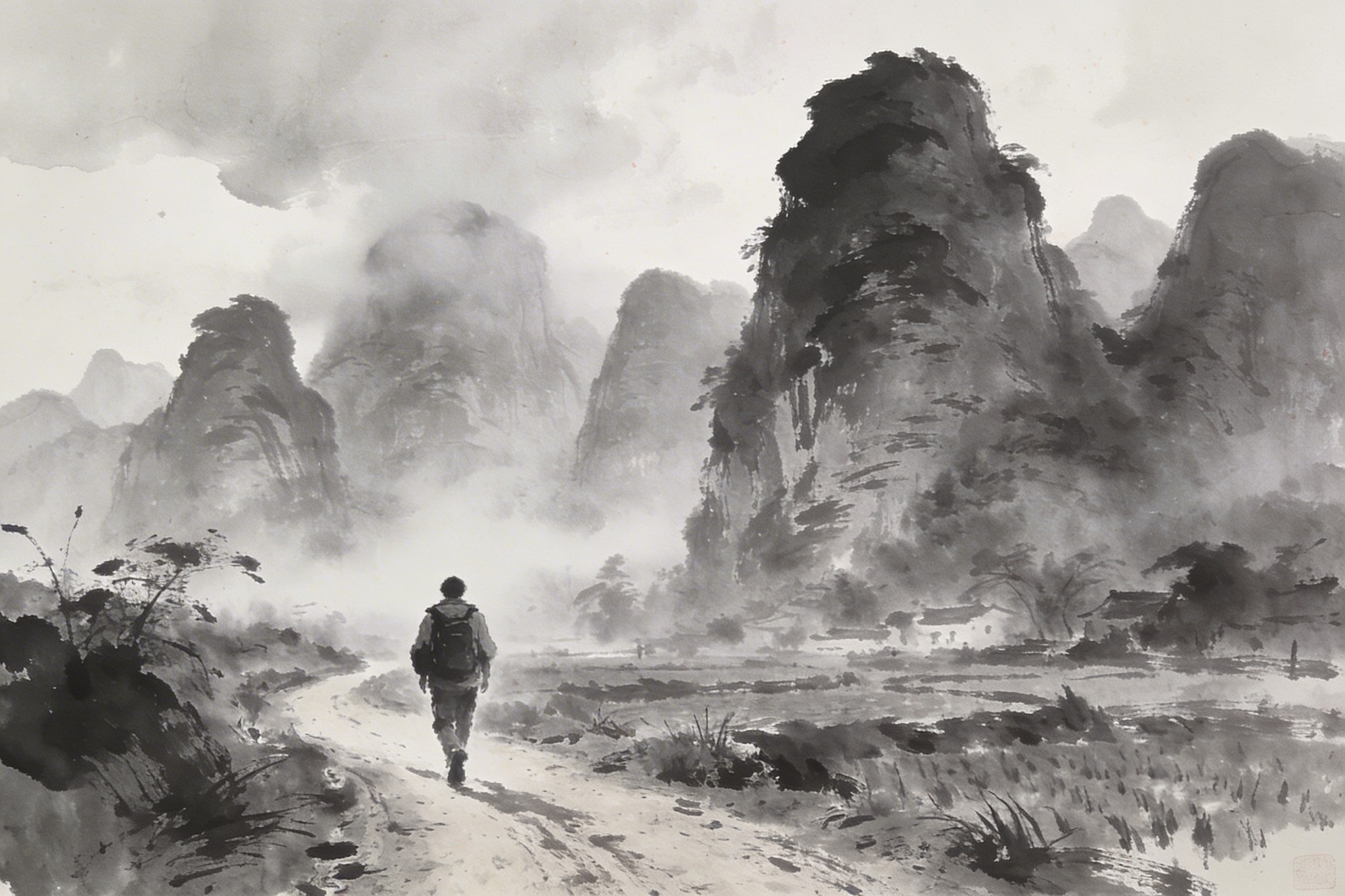 Ink and wash illustration of a backpacker on a dirt path through foggy karst mountains