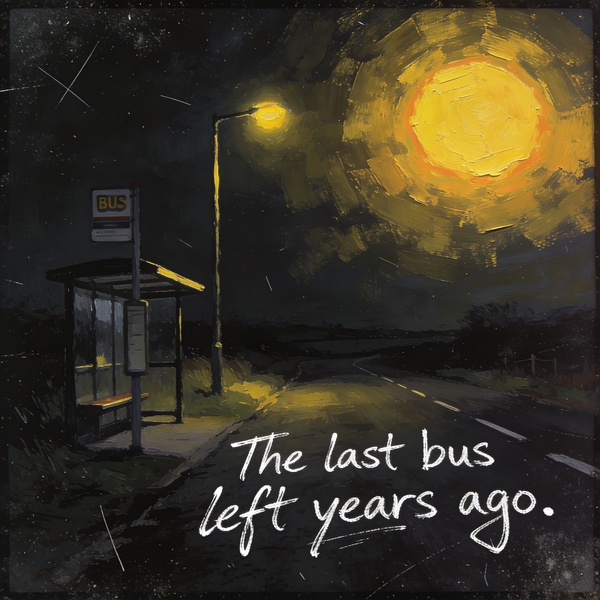 A dark Hasselblad photo of a bus stop sign lit by a yellow streetlamp with impasto sun effect and scrawled text on the road.