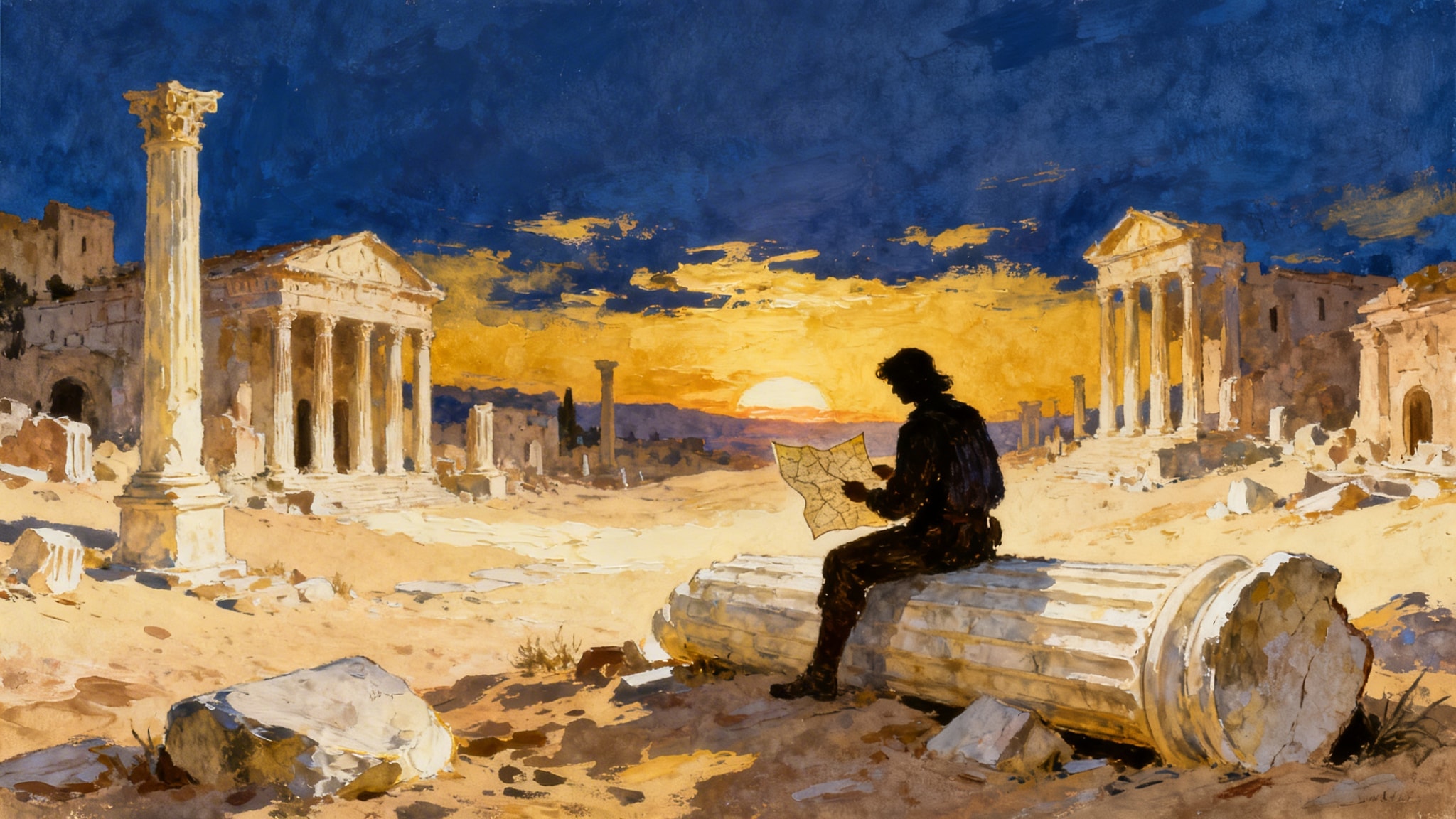 Gouache painting of an explorer sitting on a fallen column in Roman ruins at dusk