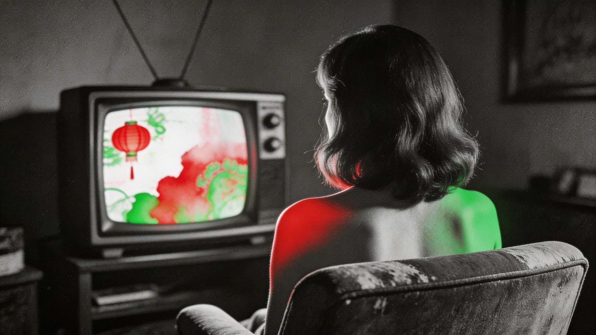 A woman watches a glowing TV in a dark room, the screen showing an abstract Chinese New Year Gala in red and green.