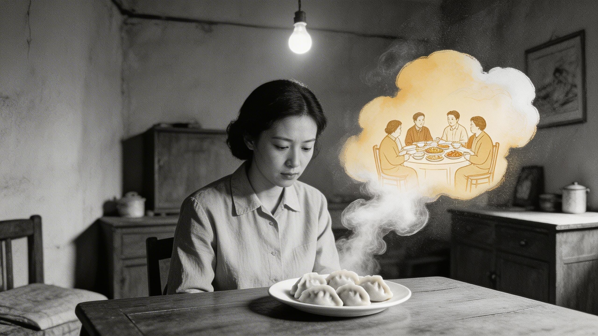 Black and white photo of a woman alone with dumplings, steam reveals family illustration