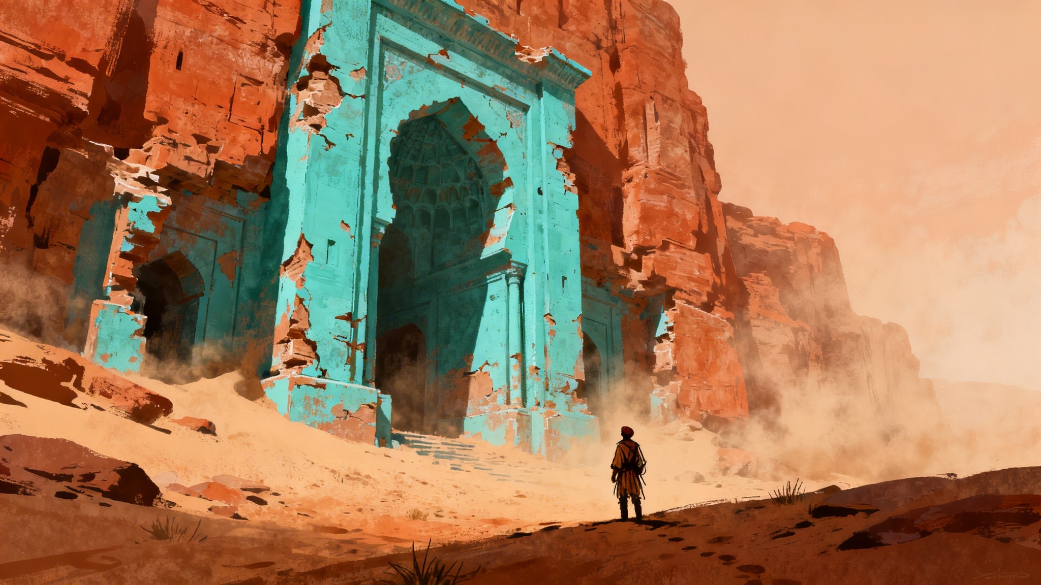 Atmospheric gouache painting of a lone traveler at a large turquoise caravanserai gate in a dusty desert