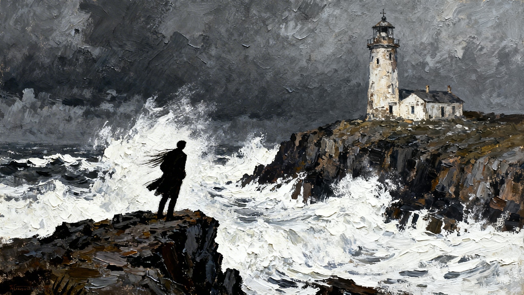 A textured gouache painting of a figure on a cliff looking at an old lighthouse in a stormy coastal scene.